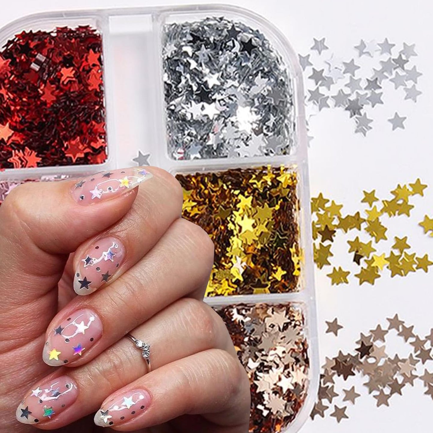 Stars Nail Art Glitter Sequins - 6Grid 3D Sparkly Five-Pointed Star Nail Flakes Designs, Holographic Star Nail Glitters for Nails Supplies Star Nail Flake for Independence Day DIY Crafts Holiday Party