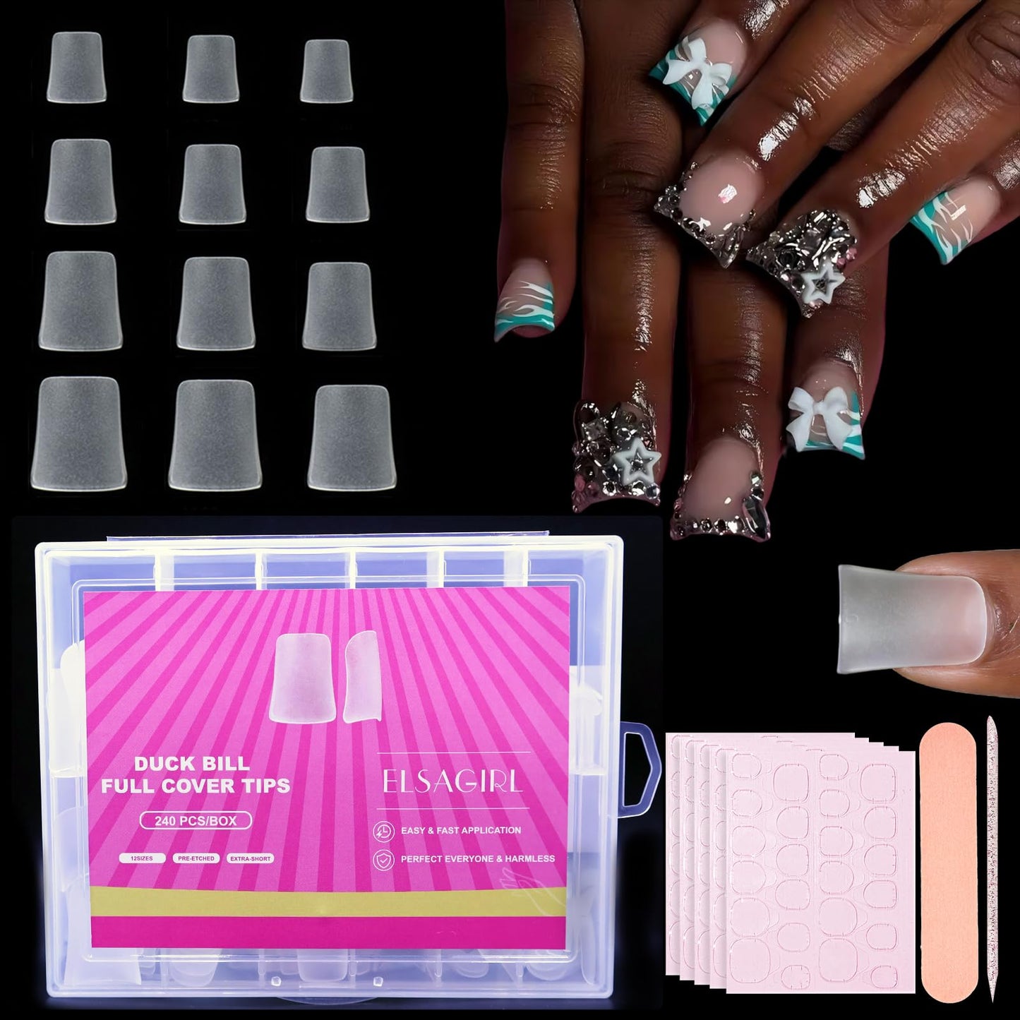 240Pcs Extra Short Duck Nail Tips, Pre-Etched Double-Sided Matte Soft Gel Flare Nails, 12 Sizes Full Cover Duck Bill Fake Nails for Y2K Acrylic Art, Professional False Nail Extensions Kit