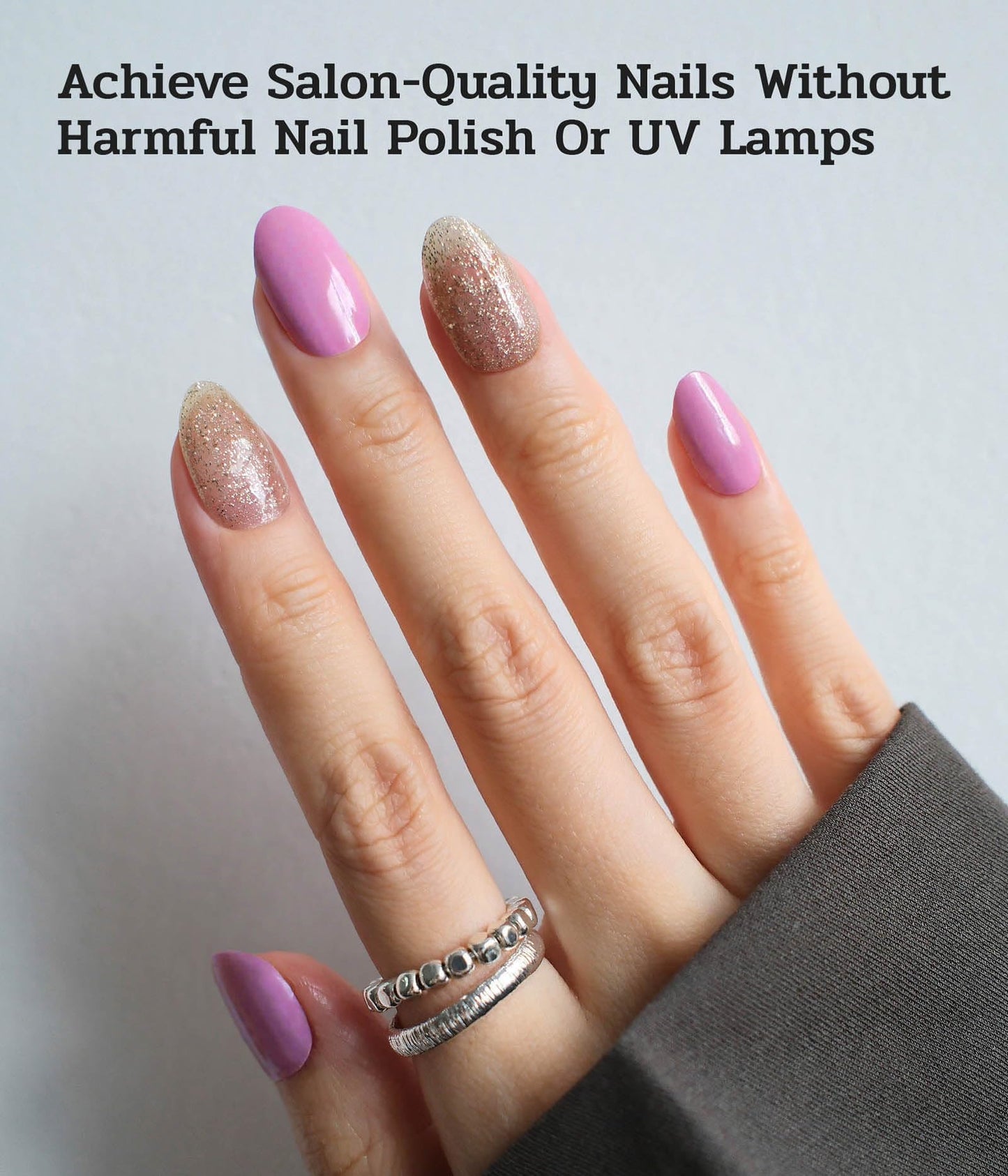 ruyeefam Nail Polish Strips (No UV Lamp Needed) - 22 Pcs Salon Quality Gel Nail Stickers - Long Lasting Wraps (Berry Gold Glitter)