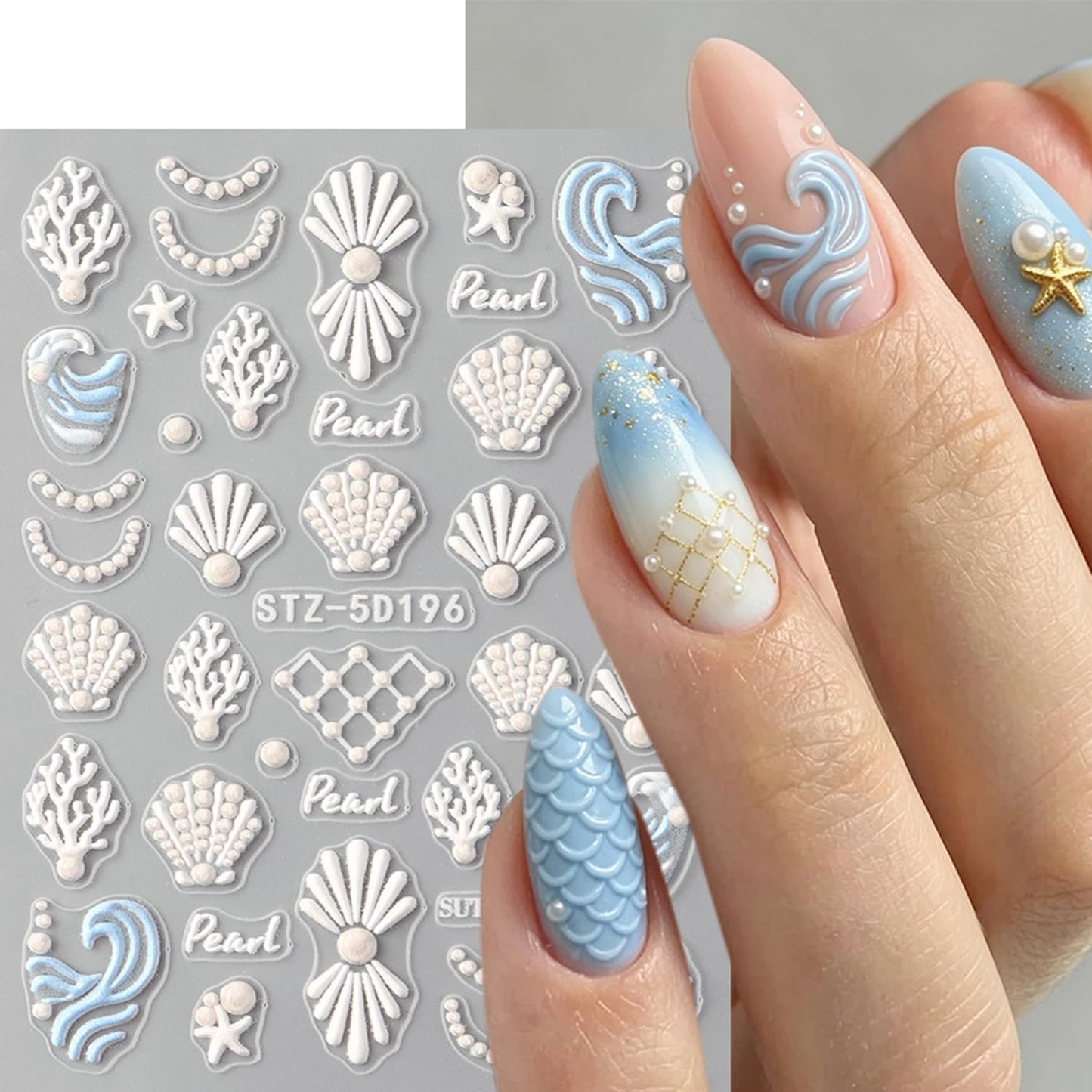 5D Embossed Nail Stickers, 6Pcs Self-Adhesive 3D Floral Nail Decals with Hibiscus, Dolphin & Starfish,Seashell, Tropical Flower Summer Ocean Nail Art Supplies DIY Manicure Nail Accessories for Women