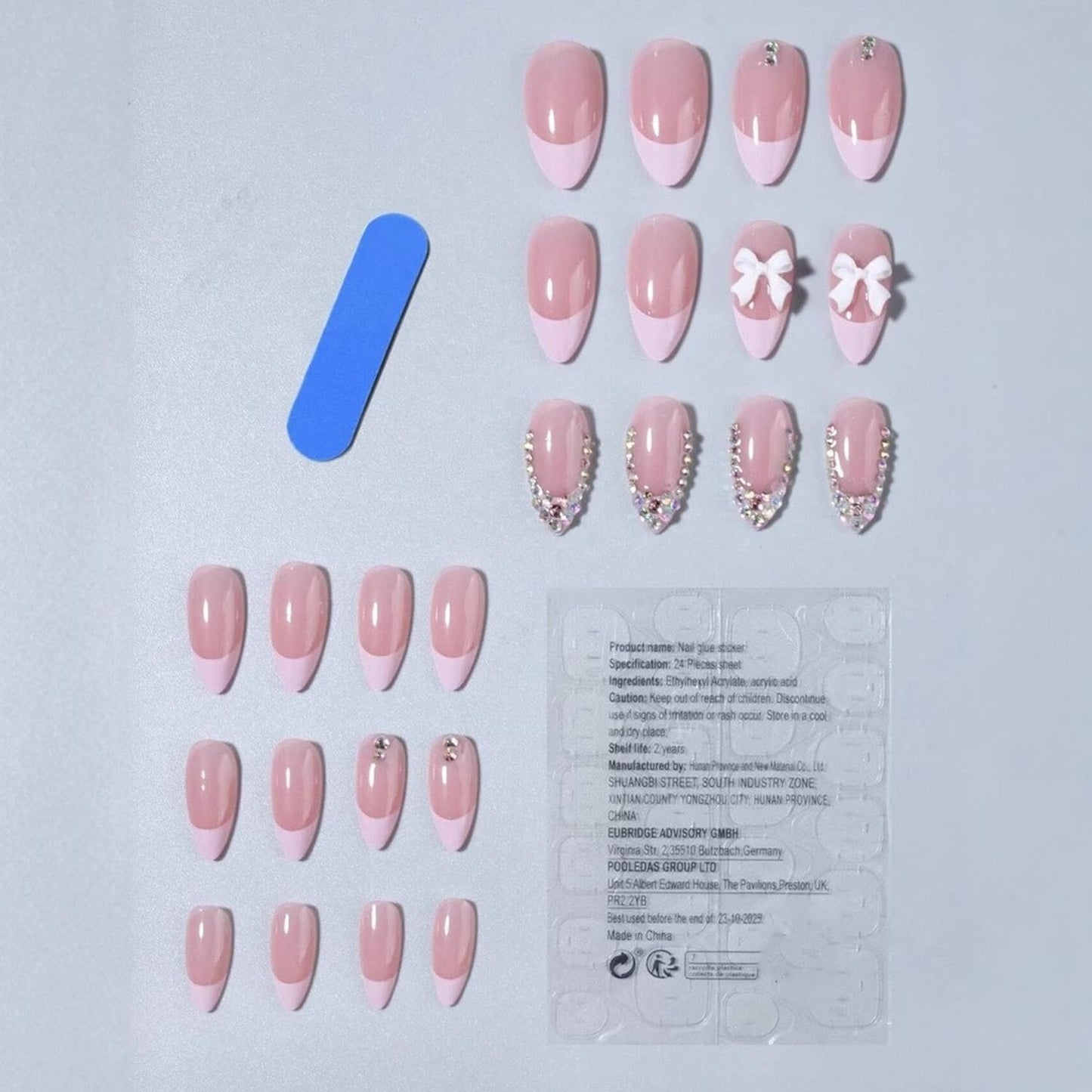 24Pcs French Tip Press on Nails with Pink Bow Design French Nails Press ons Cute Bow Stick on Nails Short Acrylic Rhinestone Sparkly False Nails Gel Glue on Nails Artificial Nails for Women Girls