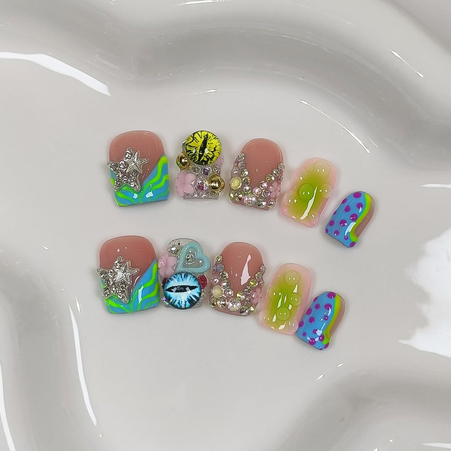 TENPAL V-Shape French Tips Square Nails,Acrylic Press on Nails with 10pcs Kit,Sweet Edgy Y2K Hand-Painted Art False Nails,Neon Yellow-Green Fake Nails with 3D Stars, Hearts, Rhinestones Flowers(M)