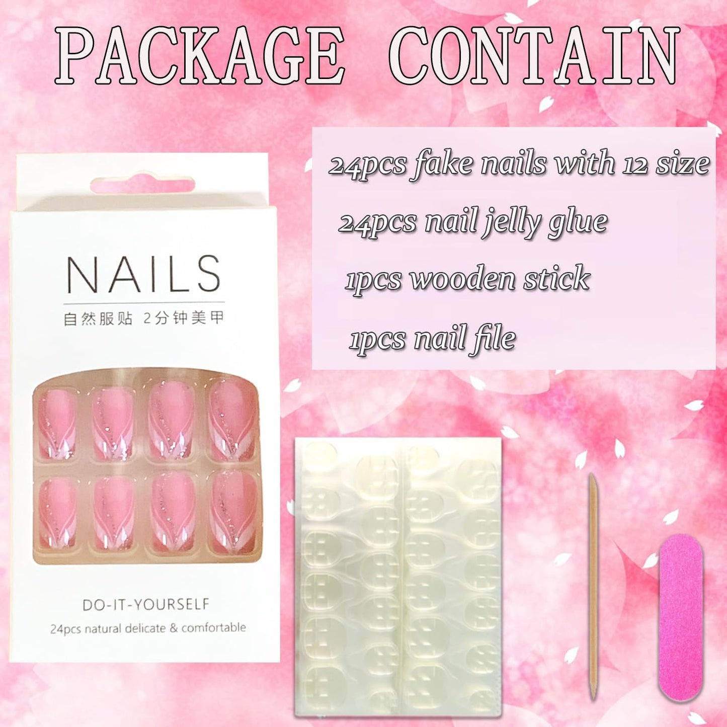 Vezocim Pink Artificial Fake Square Nails, 24Pcs Press on Nails Medium Coffin with French Line Designs, Glossy Full Cover Acrylic False Nail, Glue Fake Fingernails with Charm for Women