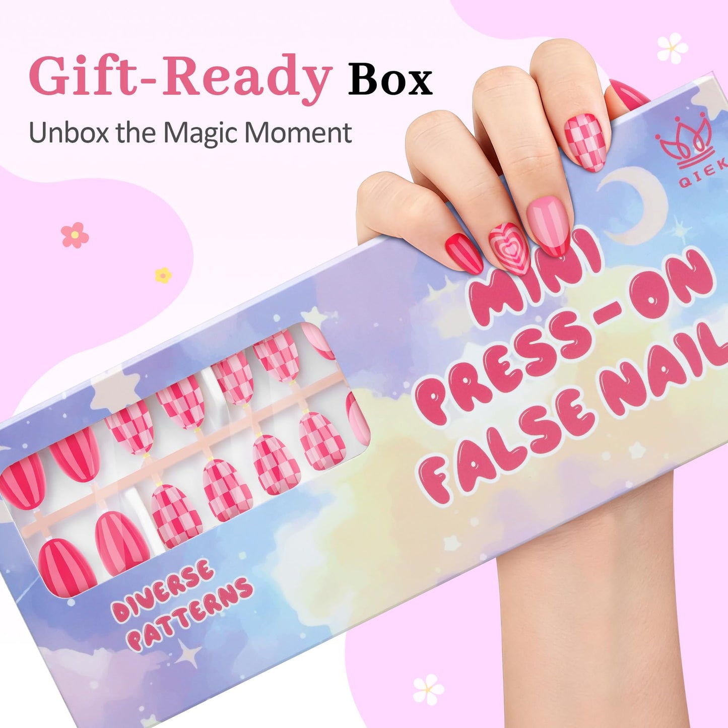 Qiek 16 Sizes Press on Nails Kit for Kids - 32 Pieces French Almond Fake Nail Tips for Girls 8-12 Years Old with Jelly Nail Adhesives & No-Lamp Nail Glue, Birthday Easter Gifts (Rose Pink Grid)