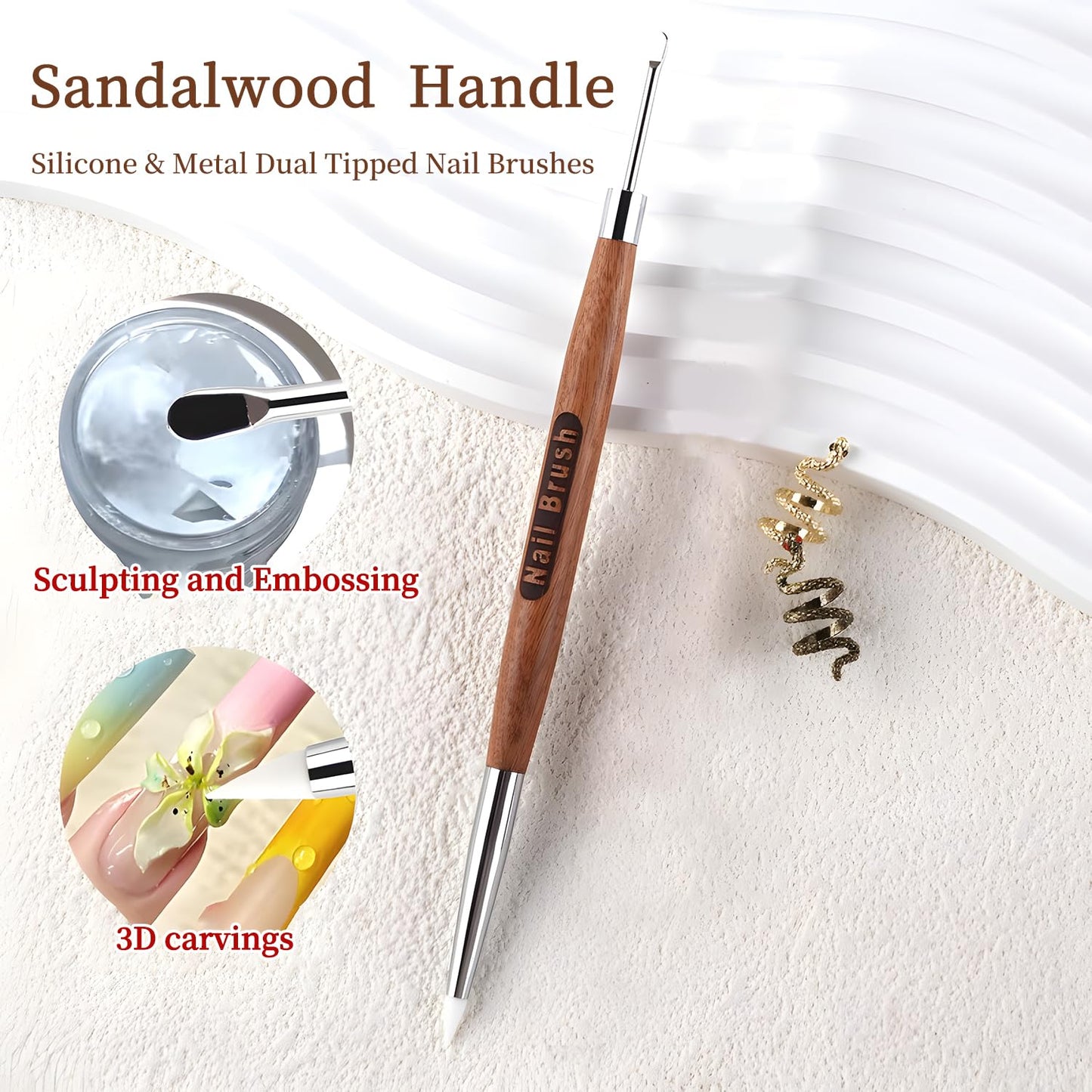 Double Nail Art Sculpture Pen: Silicone & Metal Dual Tipped Nail Brushes Silicone Nail Art Tools for Design Nail Foil Carving Drawing Shaping Effect Nail Art Pens for Home and DIY (Sandalwood)