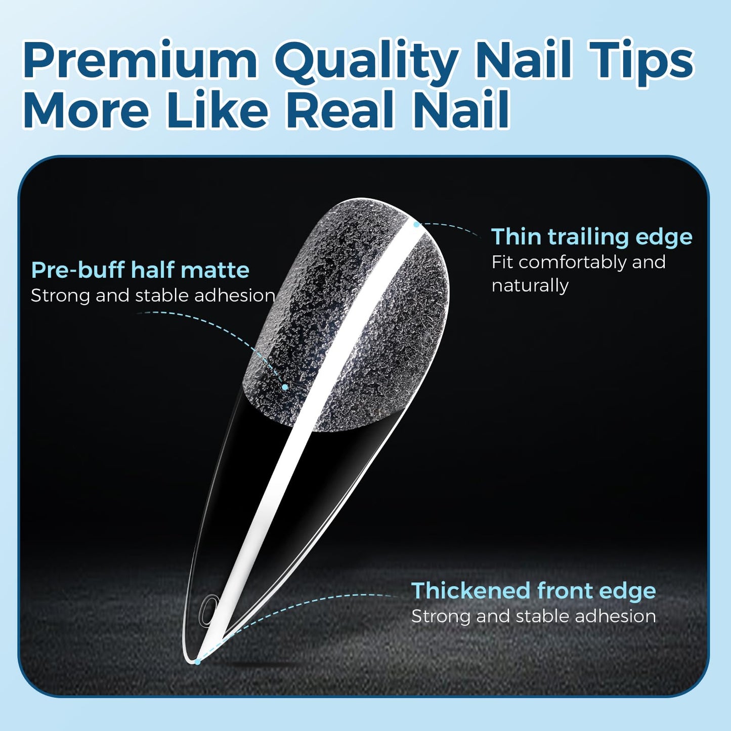 TOMICCA Long Stiletto Nail Tips, 240Pcs 12 Sizes Almond Fake Nails Half Matte Acrylic Gel Nail Tips Full Cover False Nails for Nail Extension Home DIY Salon