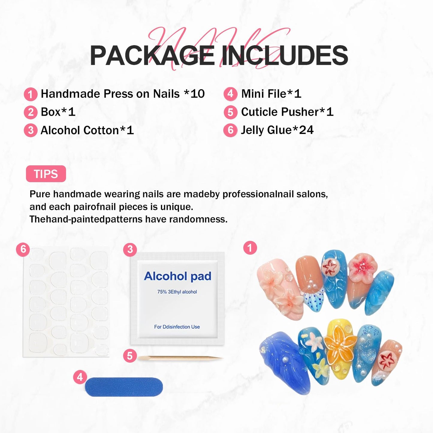 Summer Press on Nails Medium Almond Flower Fake Nails Muti-Layer Gel False Nail with 3D Jellyfish Starfish Design Glitter Handmade Press on Nails Stars Pearl Embossed Acrylic Nail for Women (Size M)