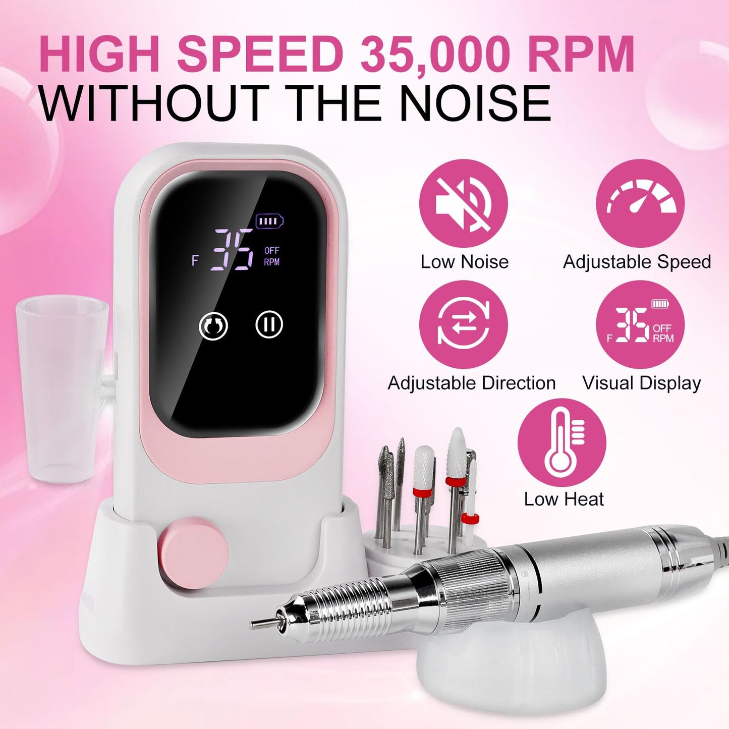 LIMEGIRL Electric File Nail Drill Professional 35000RPM Pink Nail File with Rechargeable Base & Bits Nail Drill Bit Nail Files and Buffers for Acrylic Nail Remove Nail Tech Must Haves for Salon Home