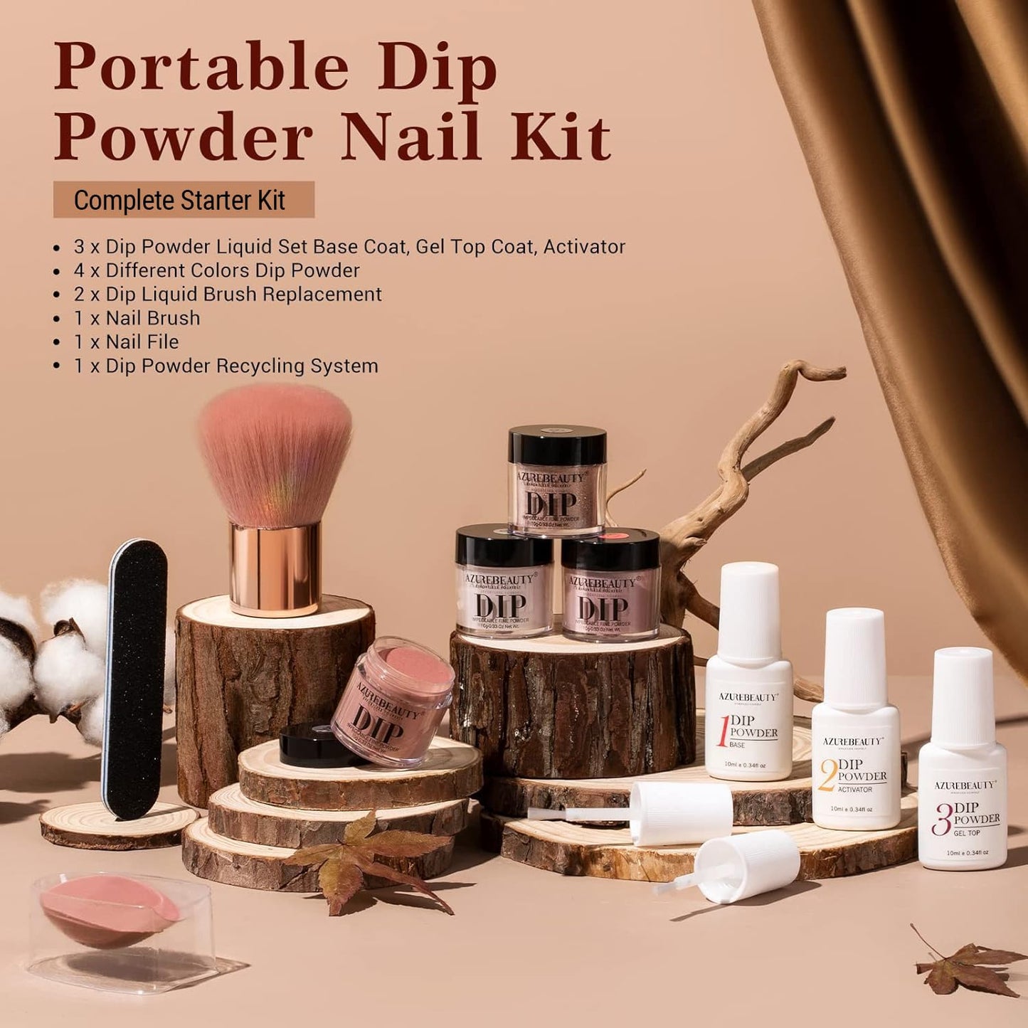 AZUREBEAUTY Dip Powder Nail Kit Starter, 4 Colors Skin Nude Brown Glitter, Dipping Powder Liquid Set with Base/Top Coat Activator for Daily French Nail Art Manicure DIY Gift 12 Pcs