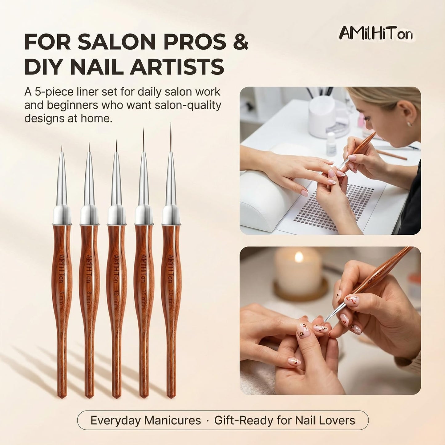 AMiLHiTon 5 Pcs Nail Art Liner Brushes, Wooden Handle Striping Brushes for Ultra Fine Lines, Plaid & Floral Detailing, Gel Polish & Acrylic Painting, 5/8/12/15/20mm (Wood Color)