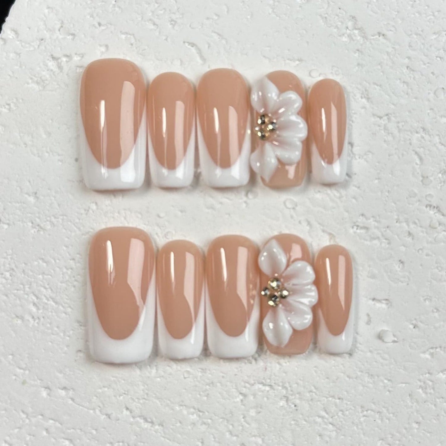White French Tip Handmade Press on Nails Medium Square Fake Nails Muti-Layer Gel False Nails with 3D Flower Rhinestones Designs Thick Acrylic Nails Full Cover Stick on Nail for Women Nail DIY (Size S)
