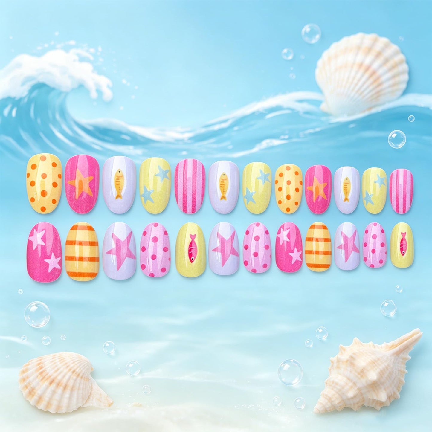 Ocean Press on Nails Short Oval, Cute Fish False Nails, Glossy Colorful Pink Star Fake Nail Polka Dot Glue on Nail, Yellow Striped Stick on Reusable Acrylic Fingernails for Women Summer Beach