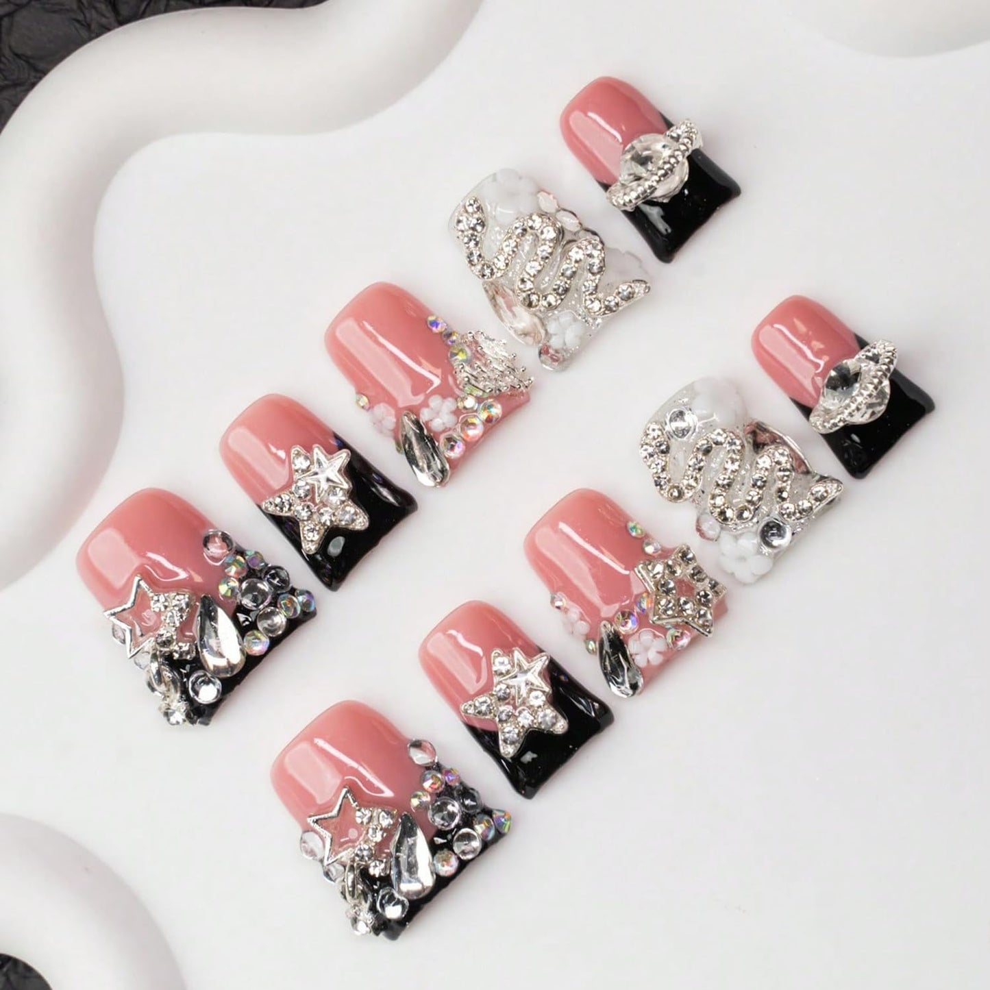 Rhinestone Handmade Press on Nails Duck Fake Nails Black French Tip with 3D Flower Stars Designs Luxury Handmade Rhinestone Charm Sparkly Muti-Layer Gel Acrylic Nails for Women 10Pcs (M）