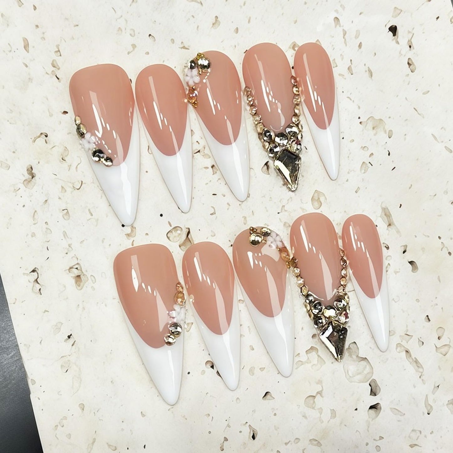 Handmade White French Press on Nails Long Stiletto False Nail with 3D Rhinestone Designs Handmade Flower Fake Nails Muti-Layer Gel Acrylic Nail Full Cover Stick on Nails for Women（M)