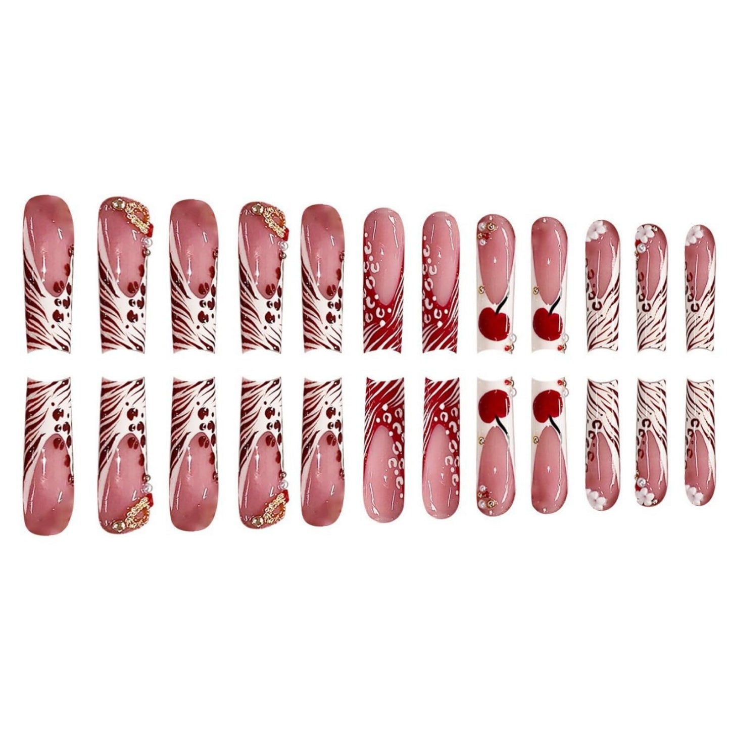 Long Square Press on Nails Fake Nails Artificial Nail Stick on Nail for Women, Red Cherry Design on Nude Pink with Pearl and Gold Accents