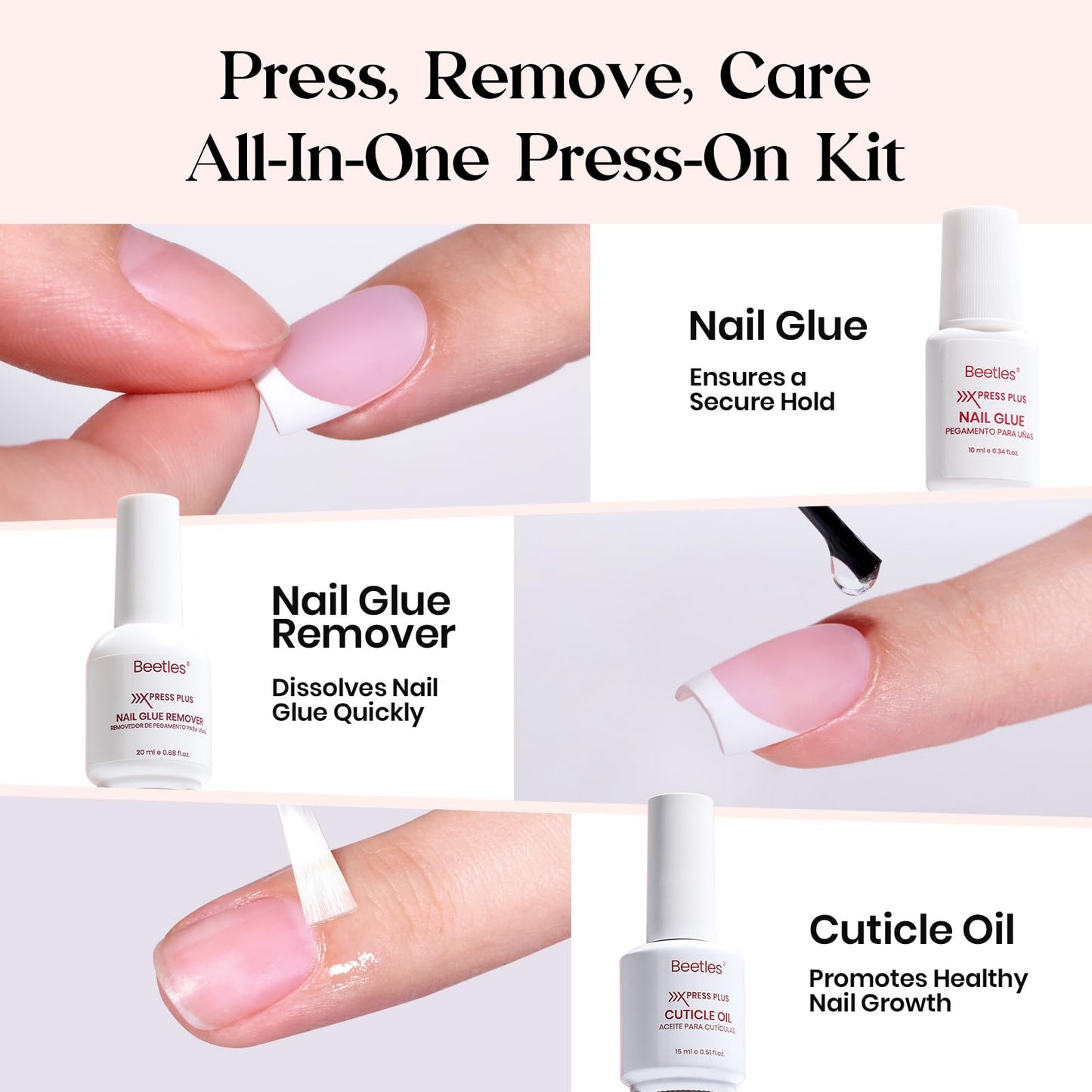 Beetles X Press Plus Gel Nails Kit - Peachy French | Pink Medium Almond French Tip Press On Nails | 210Pcs 15 Sizes All-in-One Kit With Nail Glue,Remover,Builder Top Coat,Nail Lamp Gift For Women