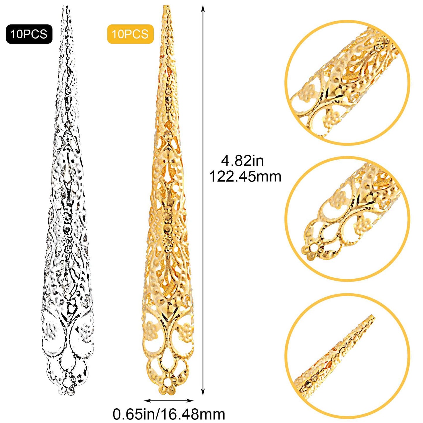 ANCIRS 20 Pack Finger Nail Tip Claw Rings, Ancient Queen Costume Fingertip Claw Nail Rings Decoration Accessory, Finger Knuckle Protectors for Halloween Cosplay Drama Dance Show- 10 Gold & 10 Silver