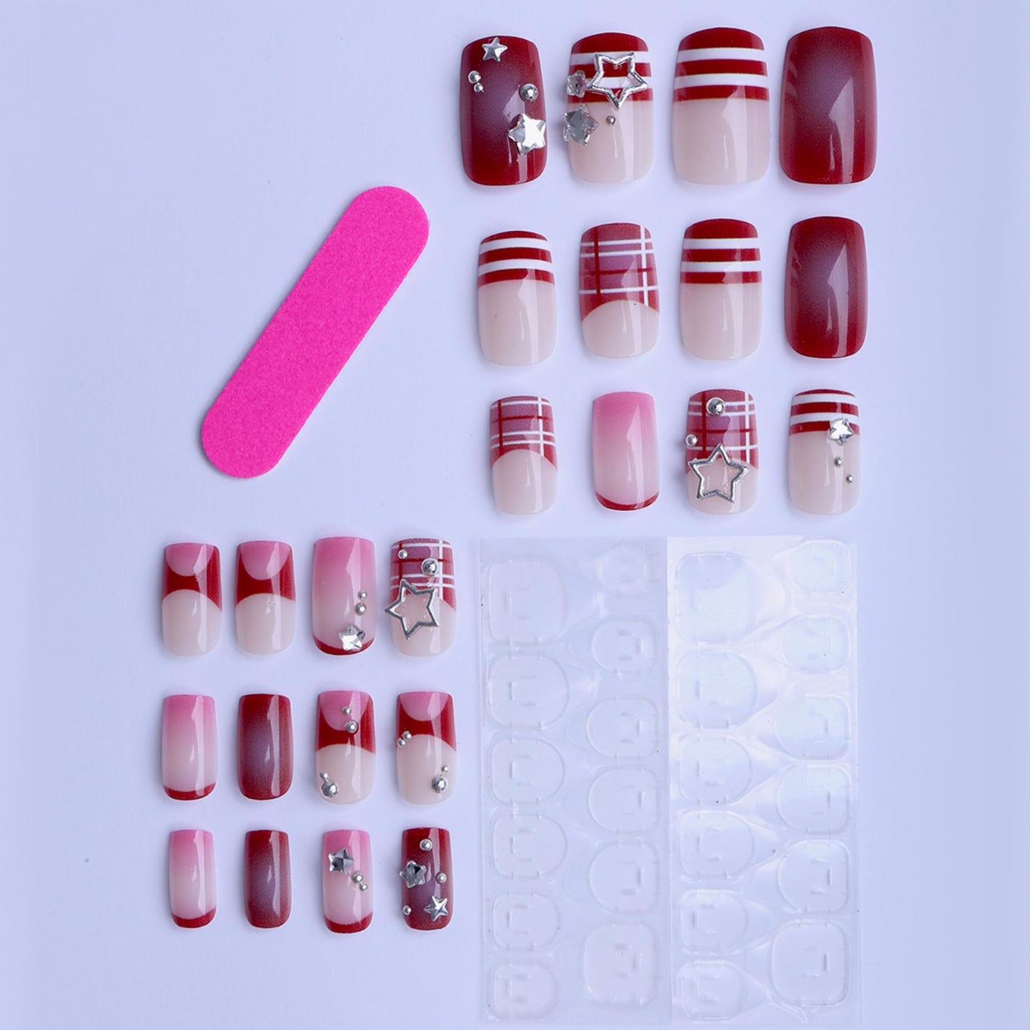 octoswave Medium Square Press on Nails y2k Fake Nails French Artificial Nail DIY 3D Stars Stick on Nail for Women 24pcs