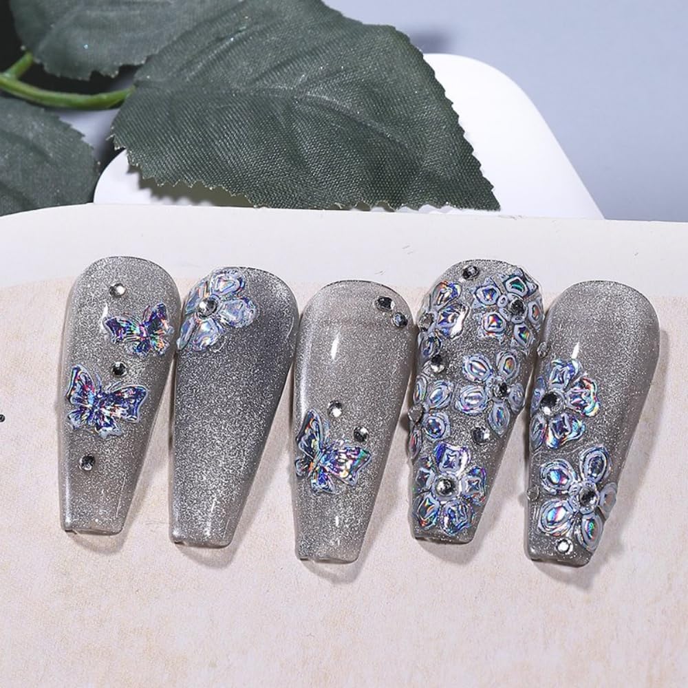 2 Sheets 5D Embossed Gold Nail Stickers 3D Self-Adhesive Golden Flower Nail Supplies Daisy Nails Designs Laser Blue Floral Aurora Hibiscus Nails Decals for Women Girls DIY Manicure