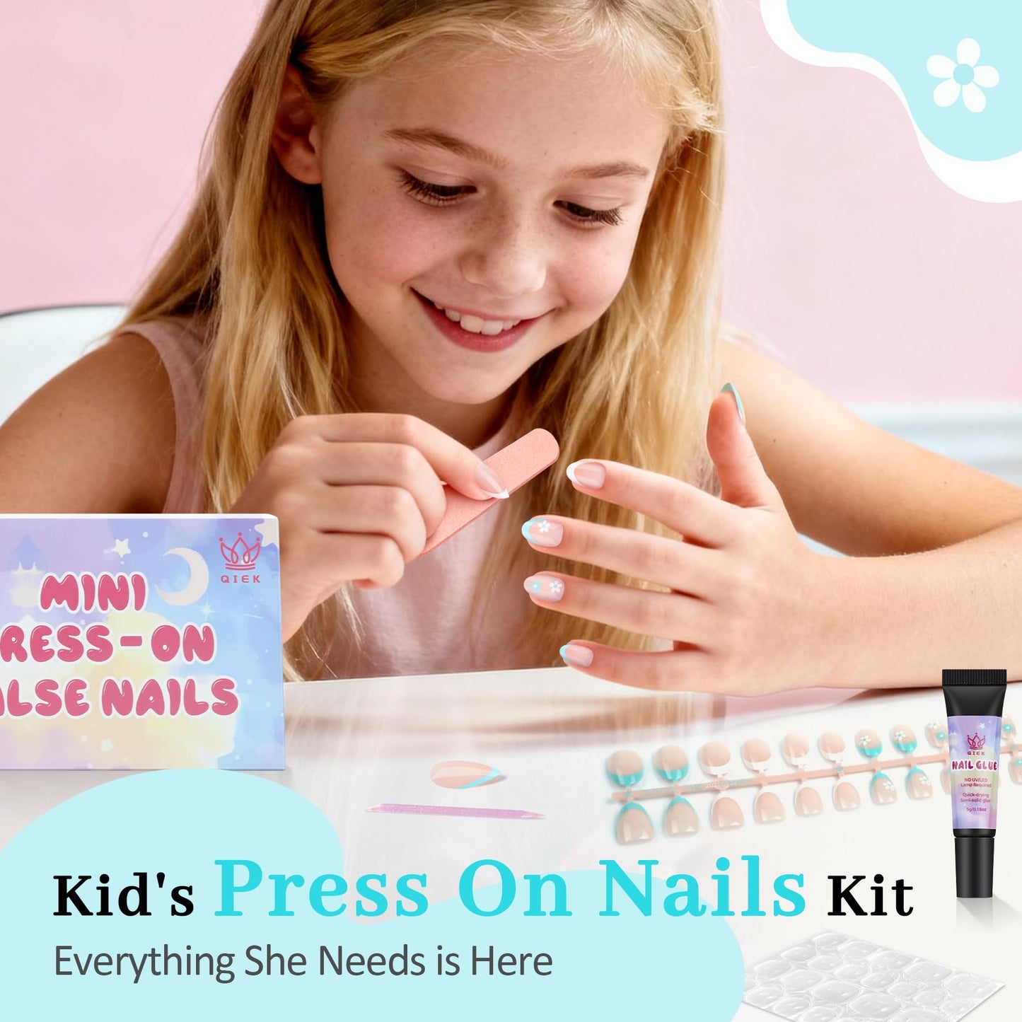 Qiek 16 Sizes Press on Nails Kit for Kids - 32 Pieces French Almond Fake Nail Tips for Girls 8-12 Years Old with Jelly Nail Adhesives & No-Lamp Nail Glue, Birthday Gifts(Blue French Flower)