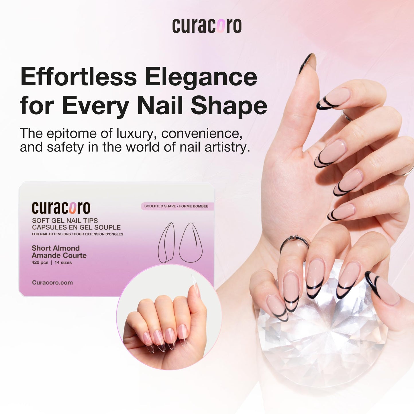 Curacoro Sculpted Short Almond Gel Nail Tips 420Pcs, Clear Full Cover Soft Acrylic Tips 14 Sizes, Easy to Use, Long-Lasting, Glossy Finish