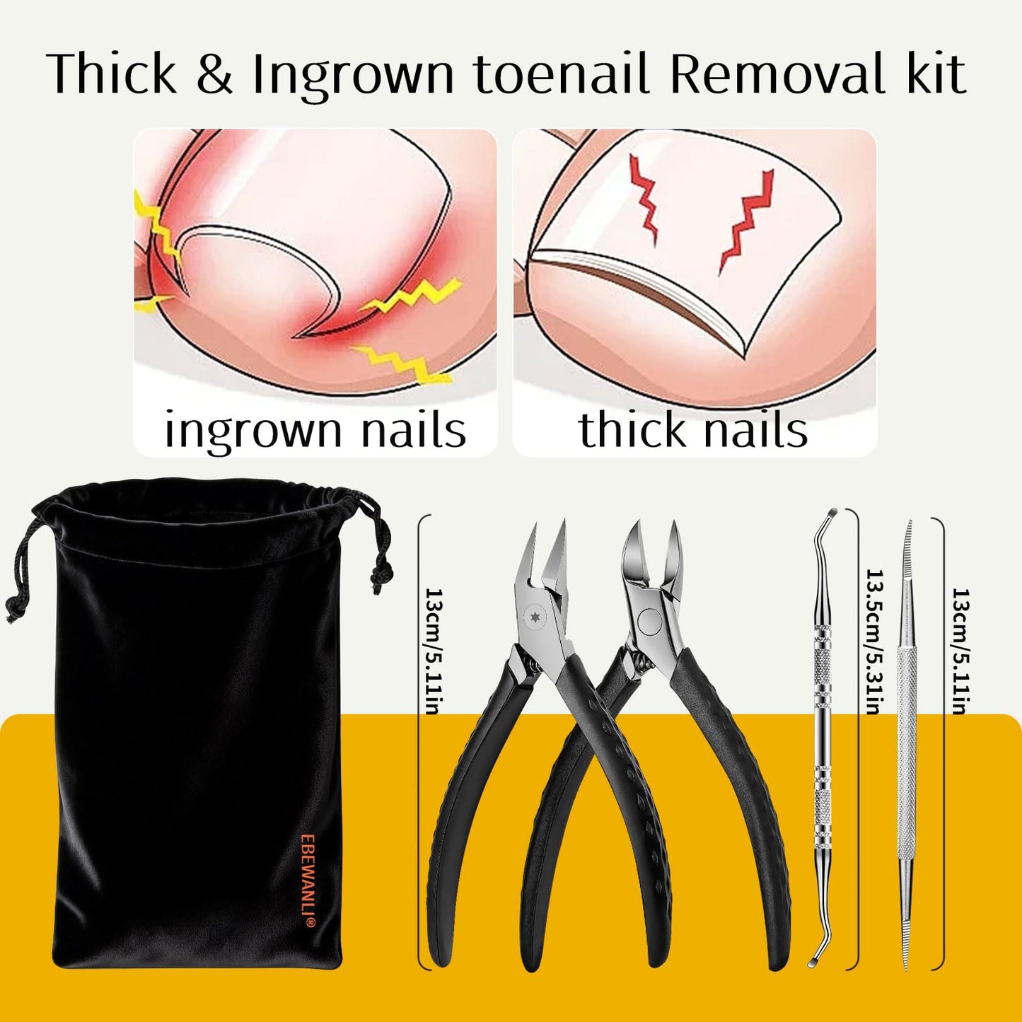 EBEWANLI Ingrown Toenail Clippers Kit - Heavy Duty Toe Nail Clipper for Ingrown Toenails and Thick Nails, Stainless Steel Nipper with Non-Slip Rubber Handle, with Lifter & File and Travel Bag
