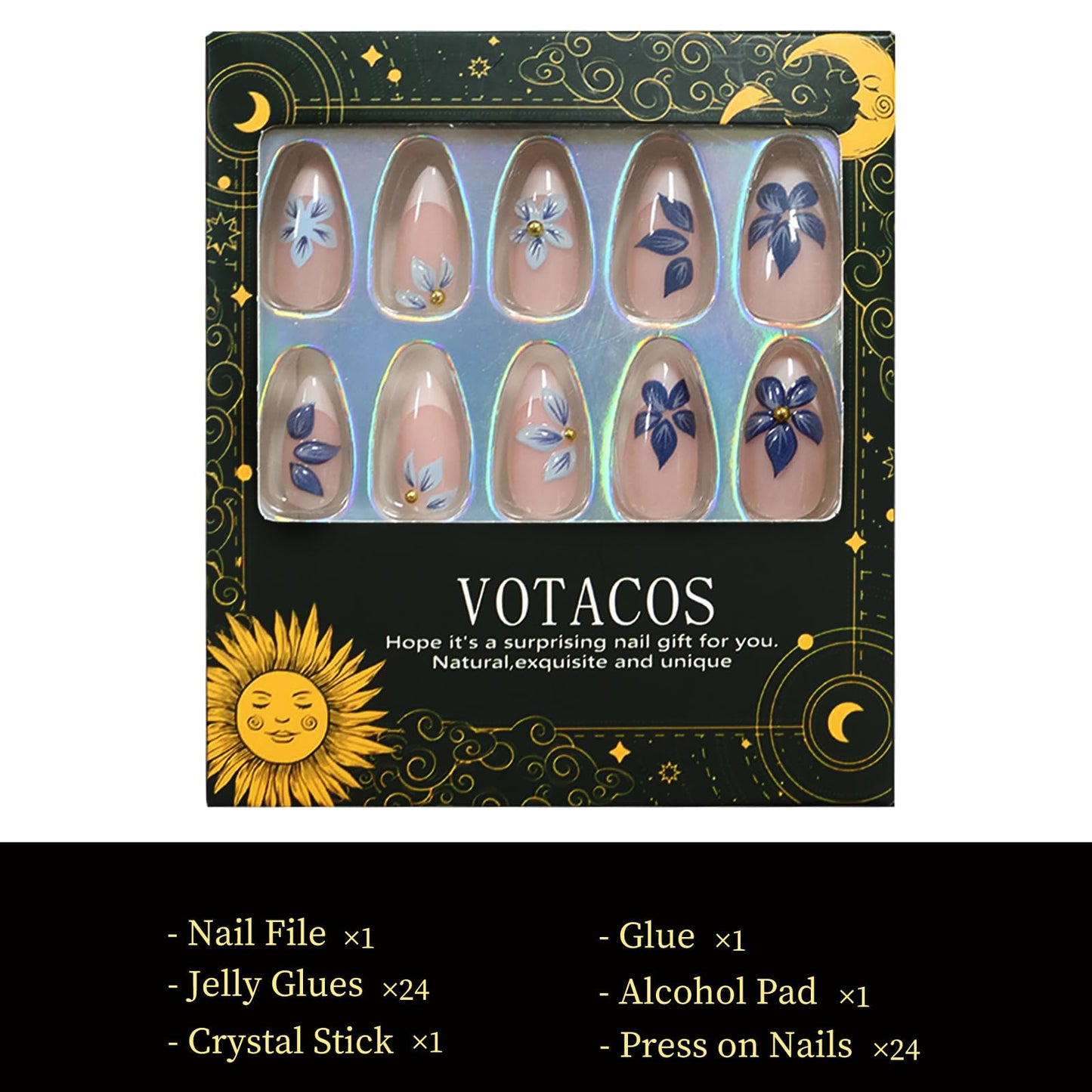 VOTACOS Almond French Tip Press on Nails Medium Blue Nude Acrylic Fake Nails Press Ons with Designs 3D Bead Flower Glue on Nail for Women 24PCS Glossy Floral Reusable Artificial Stick on False Nail