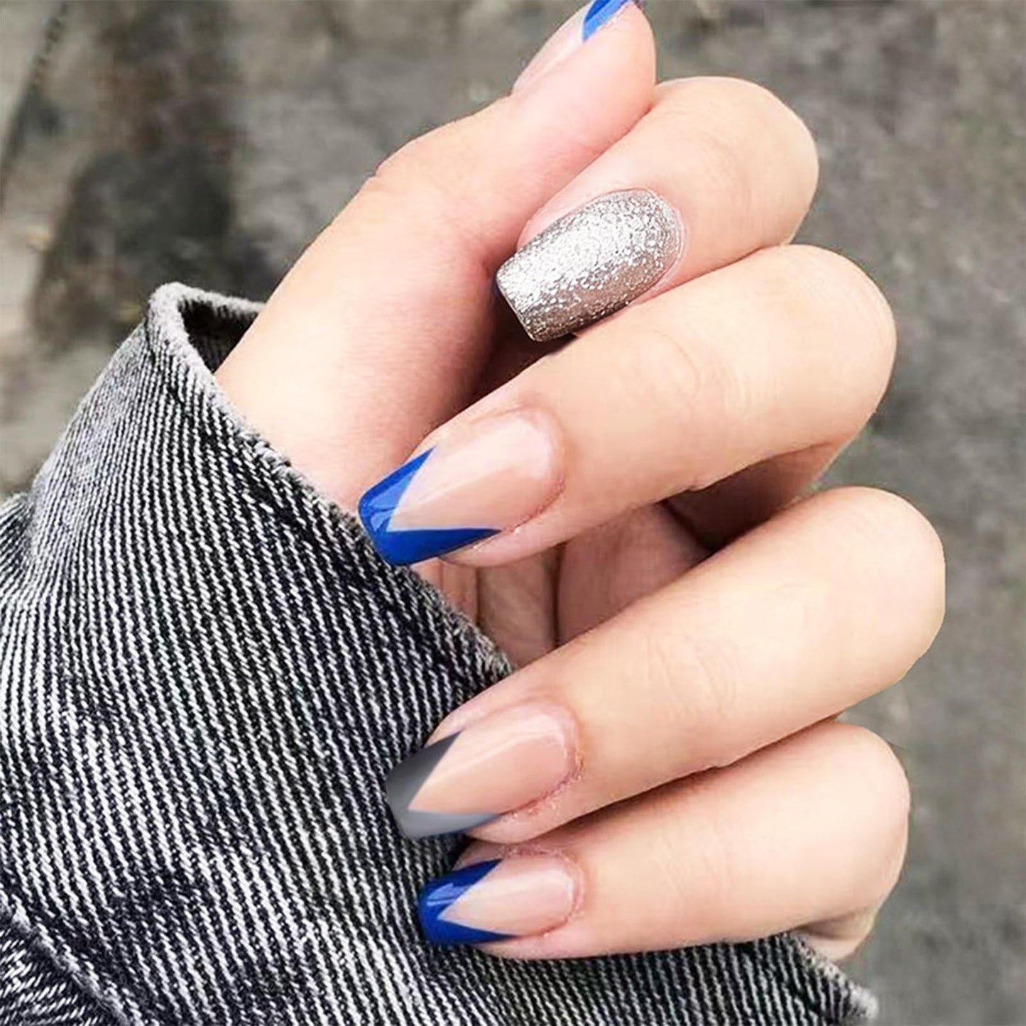 Blue French Tips Press on Nails with V Gray French Tips Design, Medium Coffin Fake Nails Glossy Silver Glitter False Nail Glue on Artificial Fingernails for Work Office Daily Wear