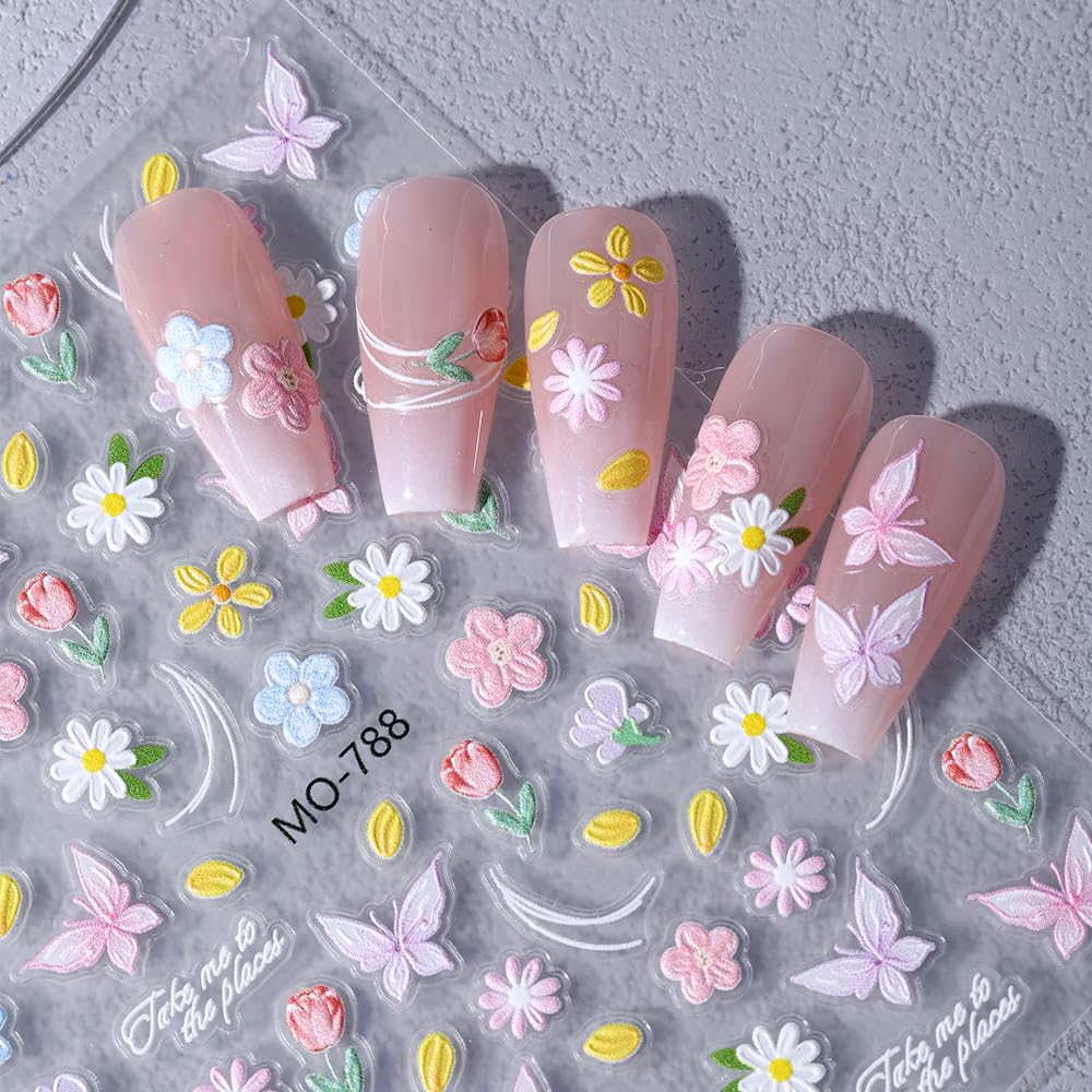 Butterfly Flower Nail Art Stickers Summer Spring 5D Embossed Nail Decals 3PCS Self-Adhesive Exquisite Floral Nail Stickers Flower Nail Art Accessories for Women Acrylic Manicure Nail Decoration DIY