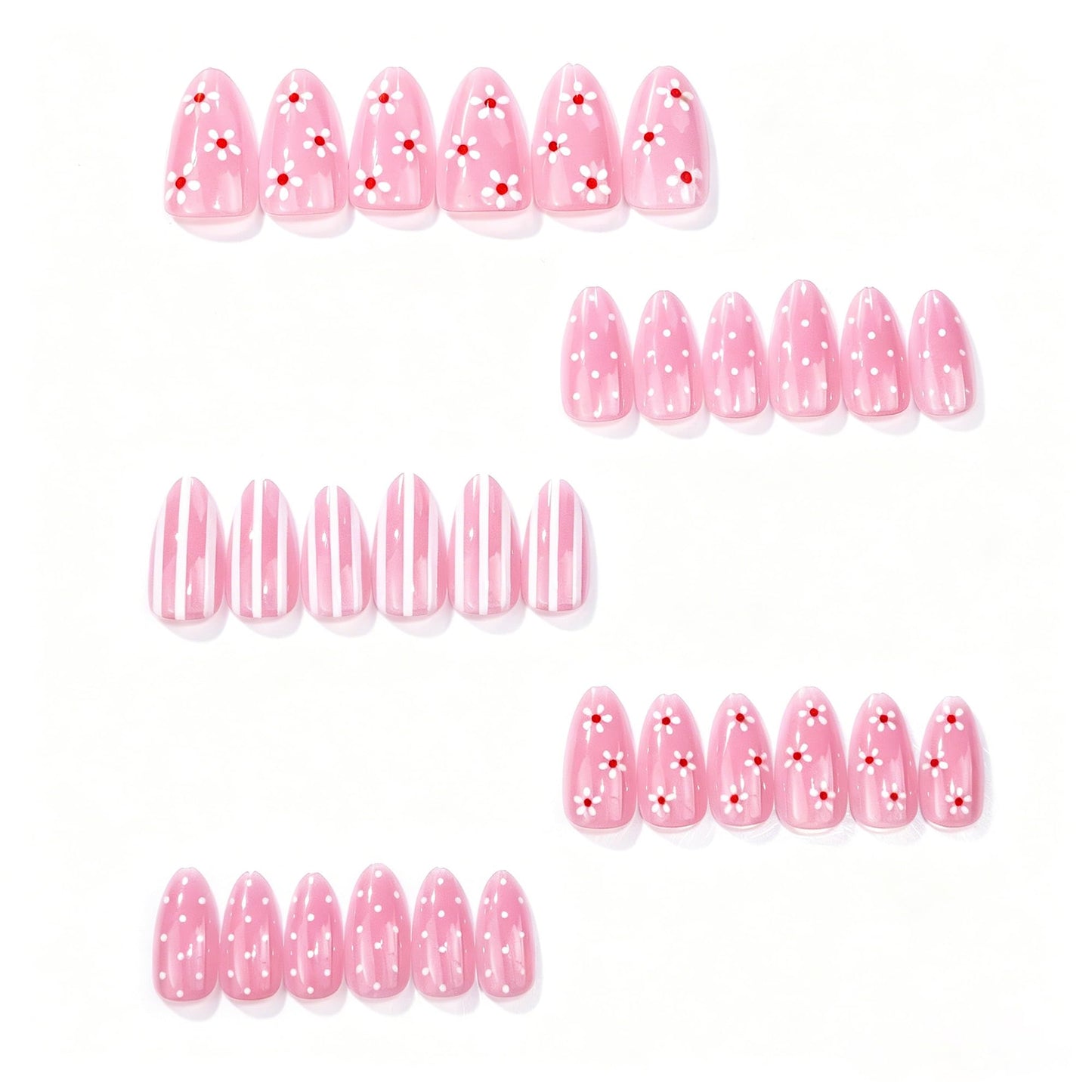 30Pcs Light Pink Press on Nails Short Almond Fake Nails with White Daisy Flowers & Polka Dots,Vertical Stripes Design, Glossy Cute False Nails Full Cover Stick on Nails for Women Manicure Decor