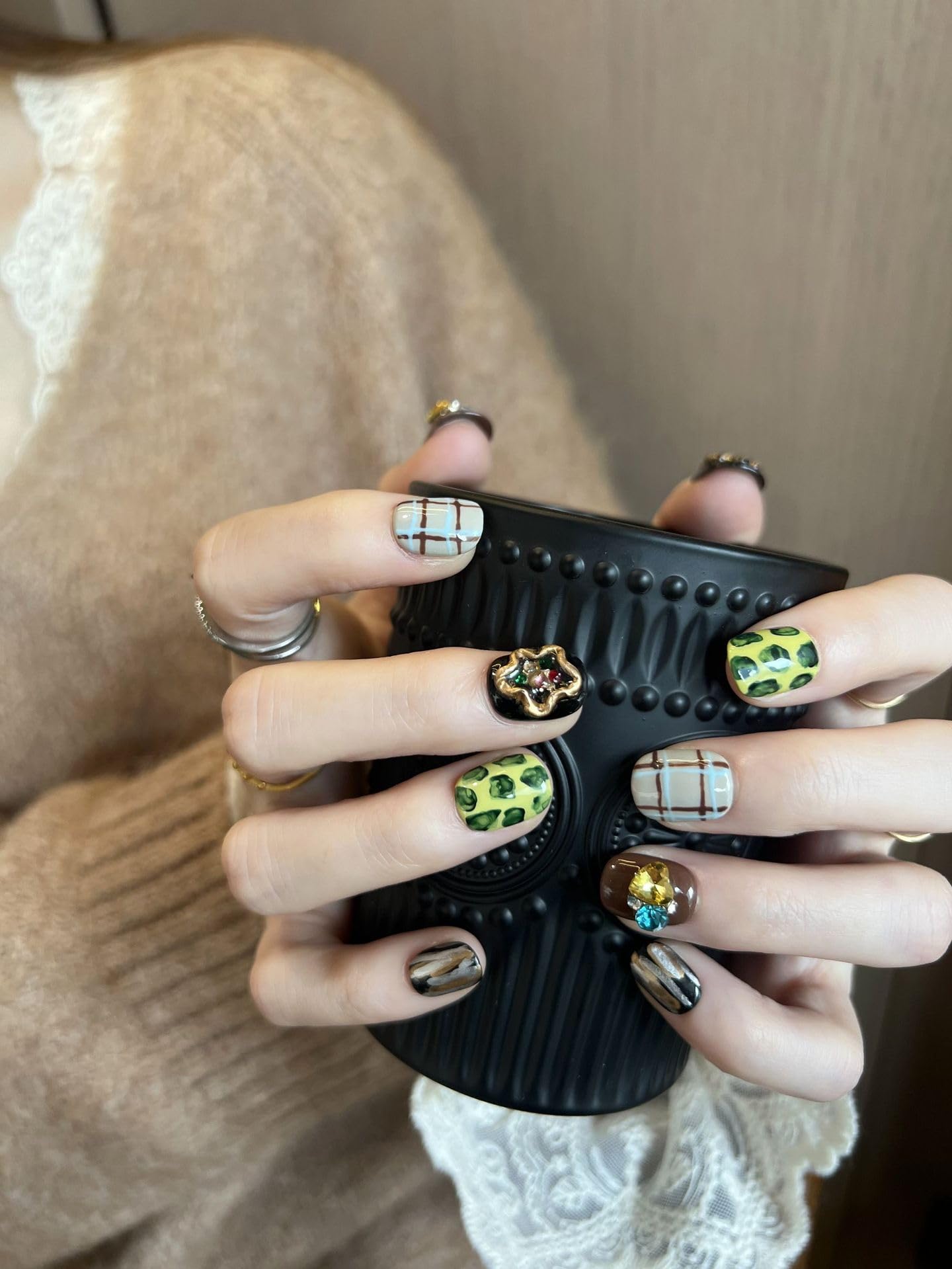 Fine Point Premium Vintage Handmade Plaid Gem Press On Nails, Short Square Green & Brown Check Flower with 3D Gold Charms, Reusable Glue On Fake Nails for Women, 10PCS, Mothers Day Gifts(Medium)