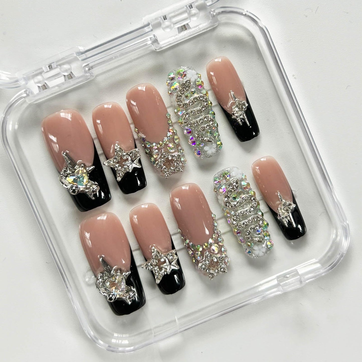 Press On Nails Long Square Handmade Star Rhinestone Black French Tip Nude Pink Full Cover Reusable Acrylic Nails for Women Party Festival Daily 10Pcs (Size M)