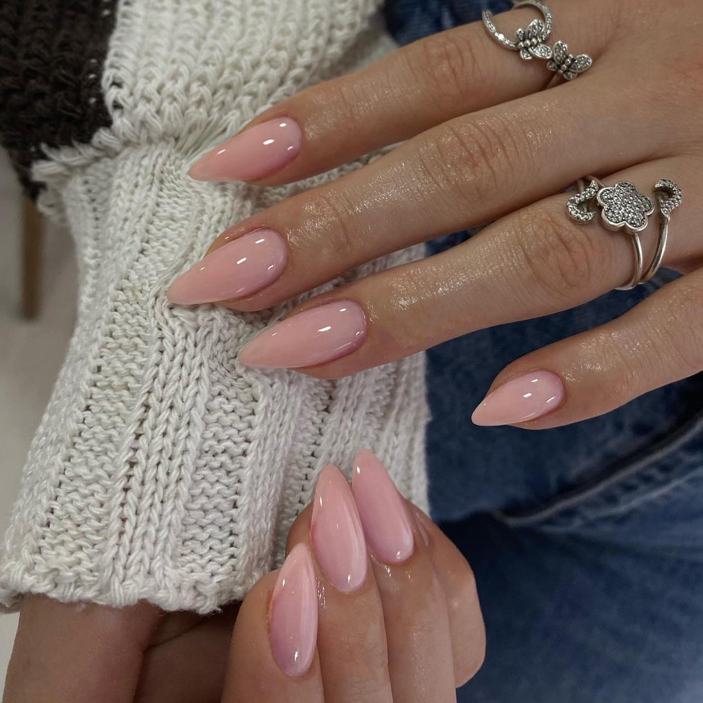 Chalk Baby Pink Press on Nails Medium Stiletto Almond,KQueenest Pure Color Acrylic Nails Kit Reusable Fake Nails with Feature Protective UV Coating for Women Nail Art Manicure in 24PCS