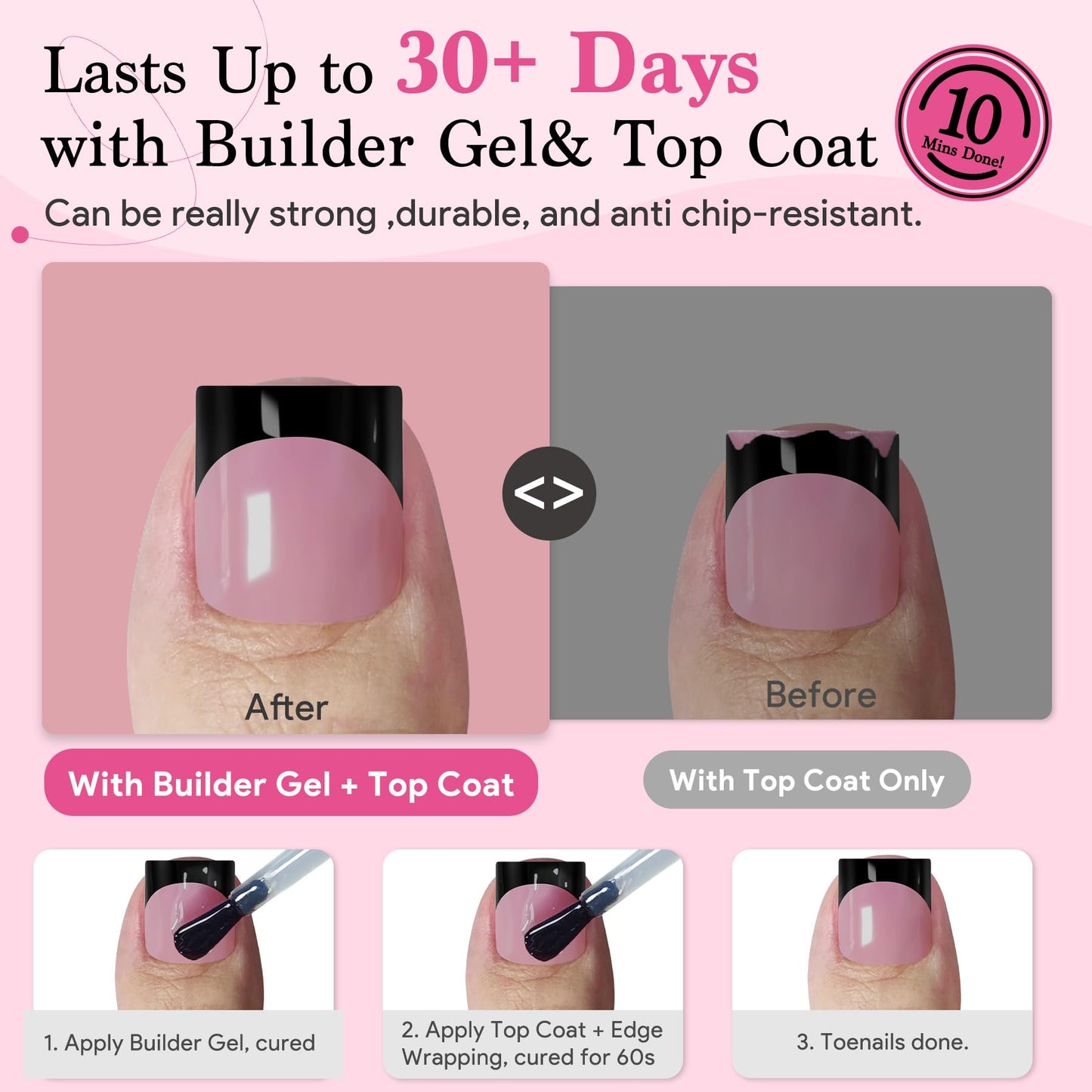 Qiek Toenail Press Ons French Tip, Berry Pink Black Elegant False Toe Nail Extension 15 Sizes 270 Pcs Sharp Square Acrylic Tips Pre-applied Nail Primer & Base Coat Full Cover for DIY Home 2025 Summer