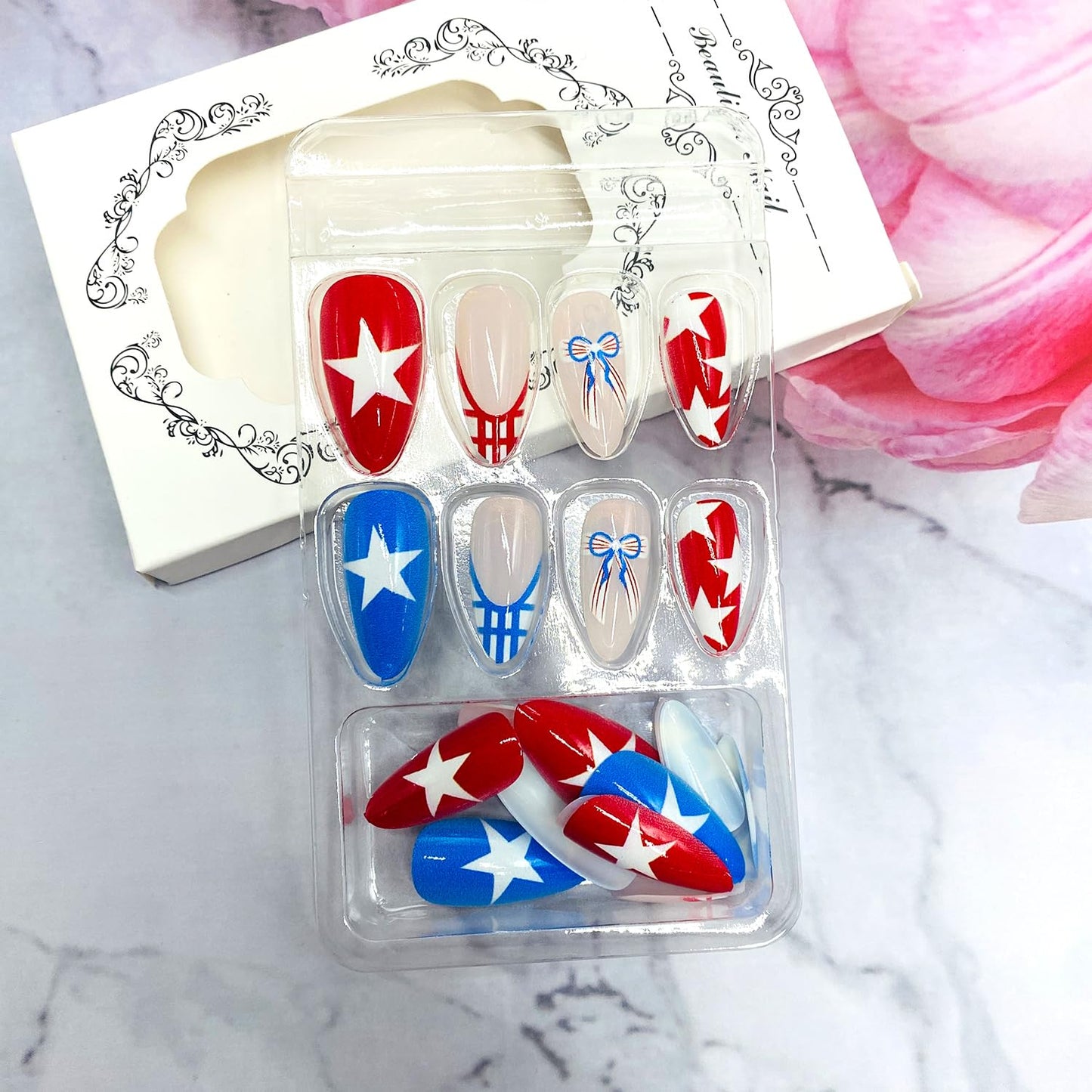 LWTZLW Red Blue Stars Press on Nails French Tip Short Almond False Nails with Bow Grids Design Full Cover Glue on Nail Summer Reusable Acrylic Fake Nails Glossy Artificial Stick on Nail for Women
