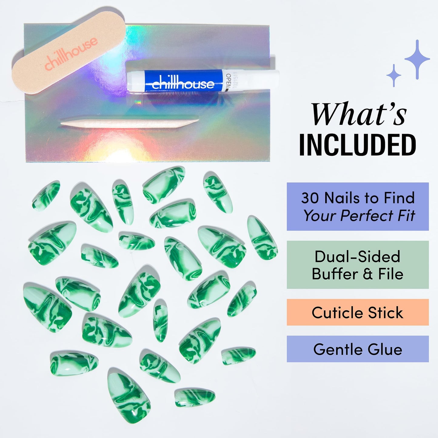 Chillhouse - Chill Tips, Press on Nails Kit - She's A Gem (Almond) - 30 Nail Shapes & Sizes - Up to 2 Weeks of Wear - Customizable Fit - Reusable - Latina Founded & Women Owned - Beauty & Self Care
