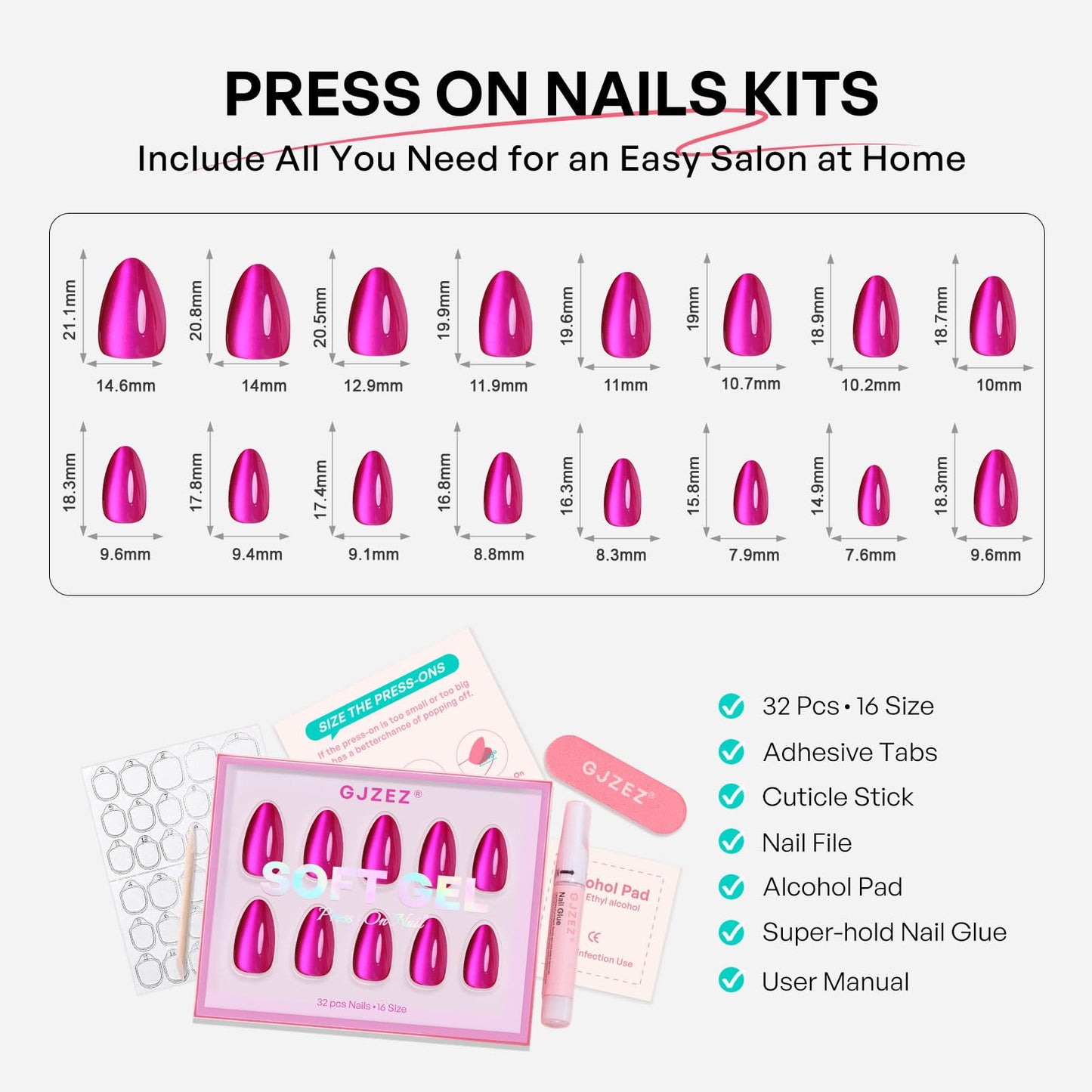Hot Pink Almond Cat Eye Press on Nails - GJZEZ Soft Gel Short Fuchsia Glass Cateye Fall Stick on Nails Press Ons, Neon Pink Mauve Fake Nail | 16 Sizes - 32 pcs Reusable Prom False Nail, Magenta Rose