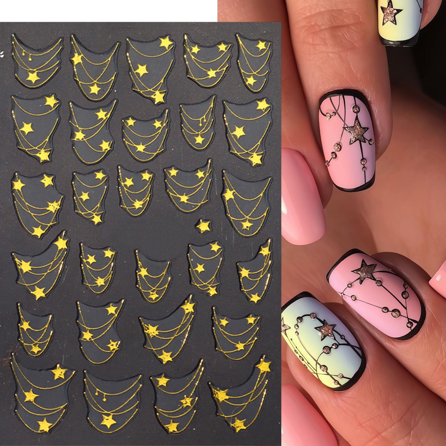 6 Sheets French Tip Line Nail Art Stickers 3D Self-Adhesive Gold Laser Silver Star French Stripe Nail Stickers Necklace Star Nail Decals French Curve Line Nail Supplies for Women DIY Nails Decoration