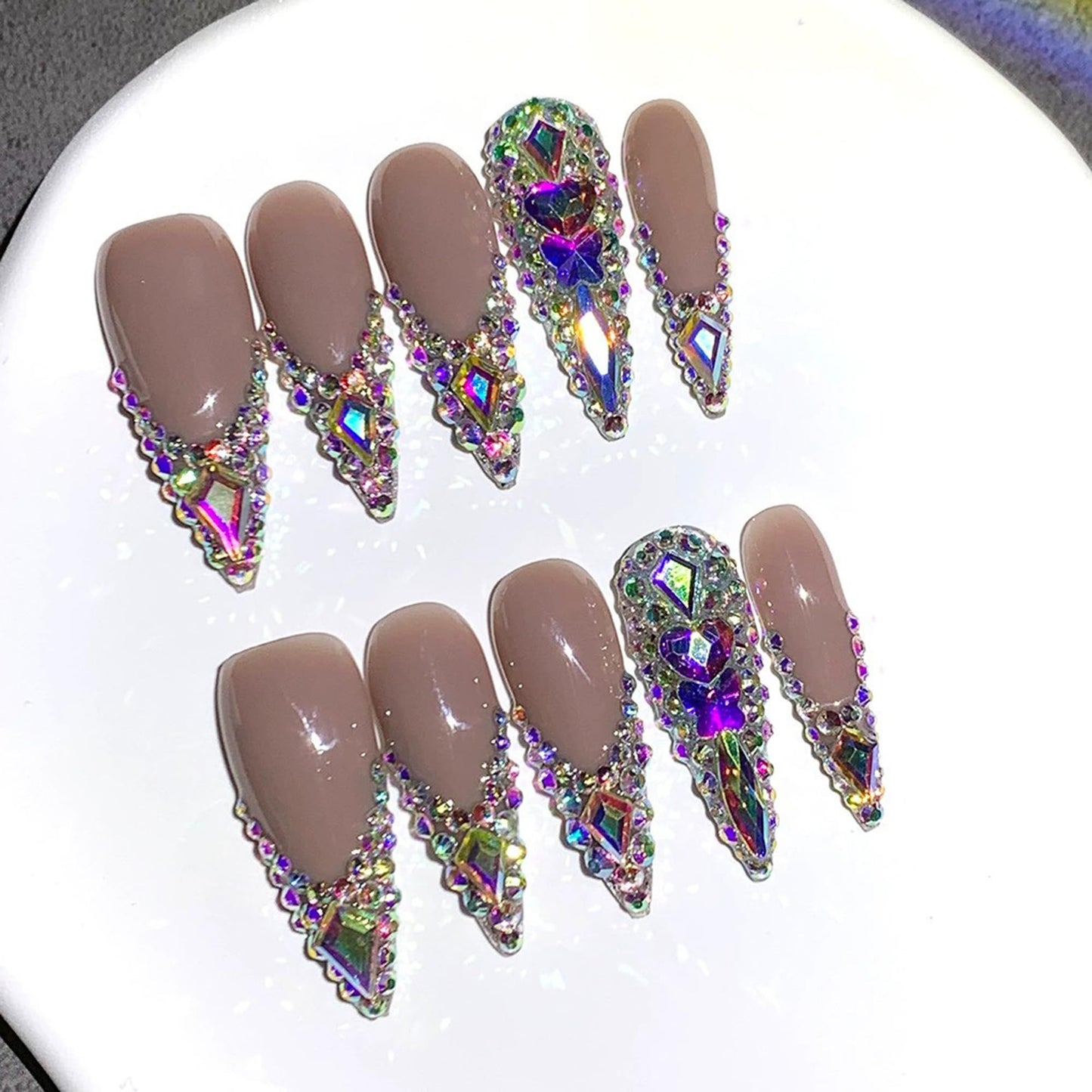 10Pcs Handmade Press on Nails Rhinestone French Tip Fake Nails Long Stiletto False Nails with 3D Designs Luxury Glue On Nail Full Cover Stick on Nail for Women Manicure (Size M)