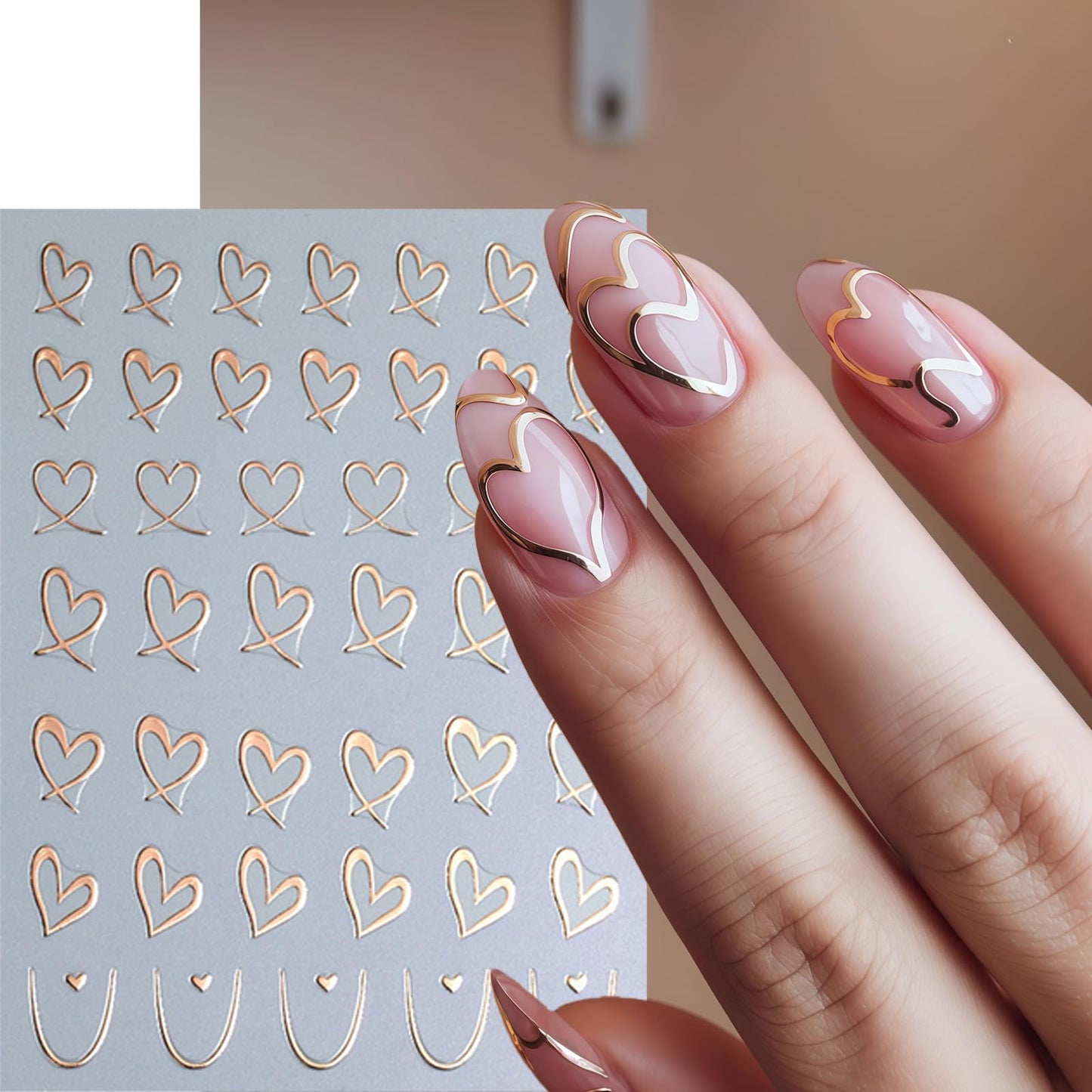 8Sheets Valentines Day Nail Art Sticker Set 3D Self Adhesive Hearts Nail Decals Love Hollow Peach Heart Shaped Nail Design Valentine French Sticker Nail Supplies for Women Valentine Holiday Nail Decor