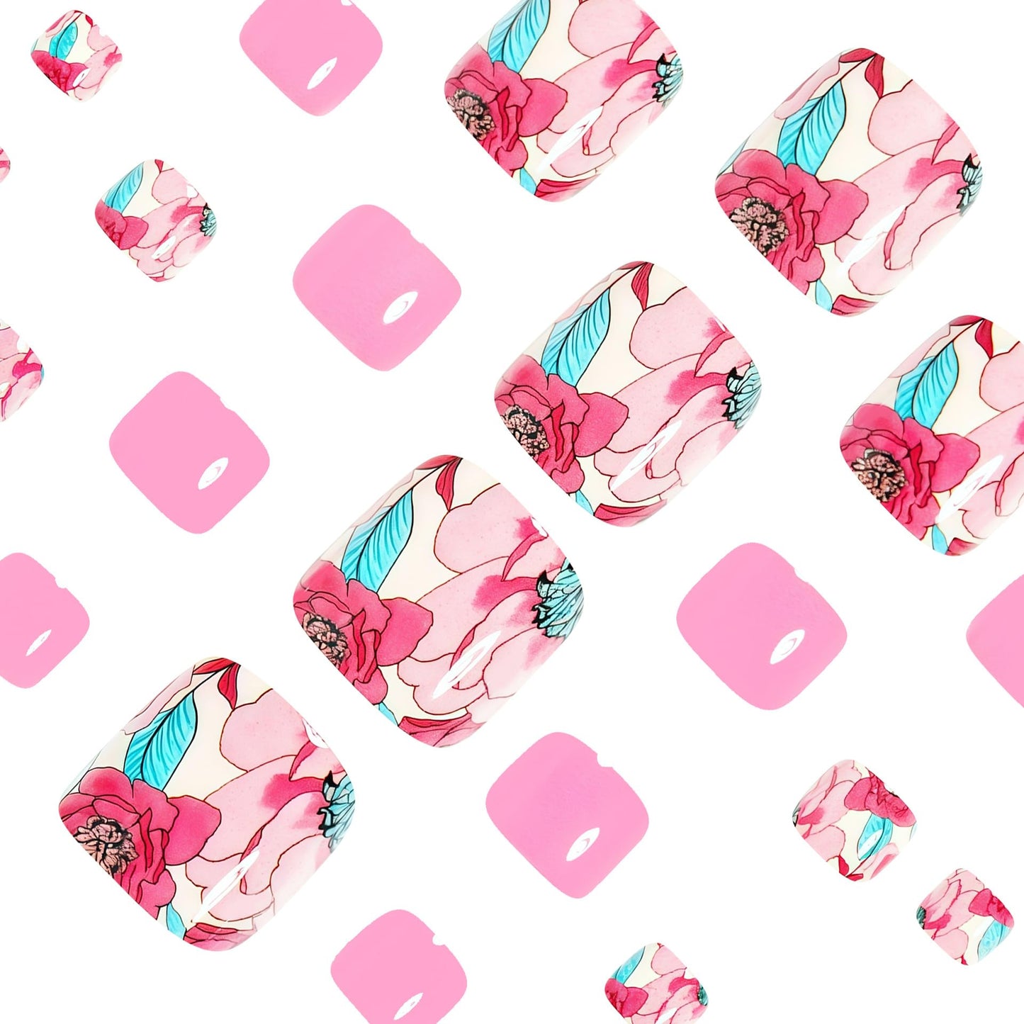 24Pcs Pink Roses Press on Toenails Flower Fake Toe Nails Short Square Shaped Glossy Summer Floral Full Cover Acrylic Artificial Stick on Toenails for Women Girls Manicure Decoration
