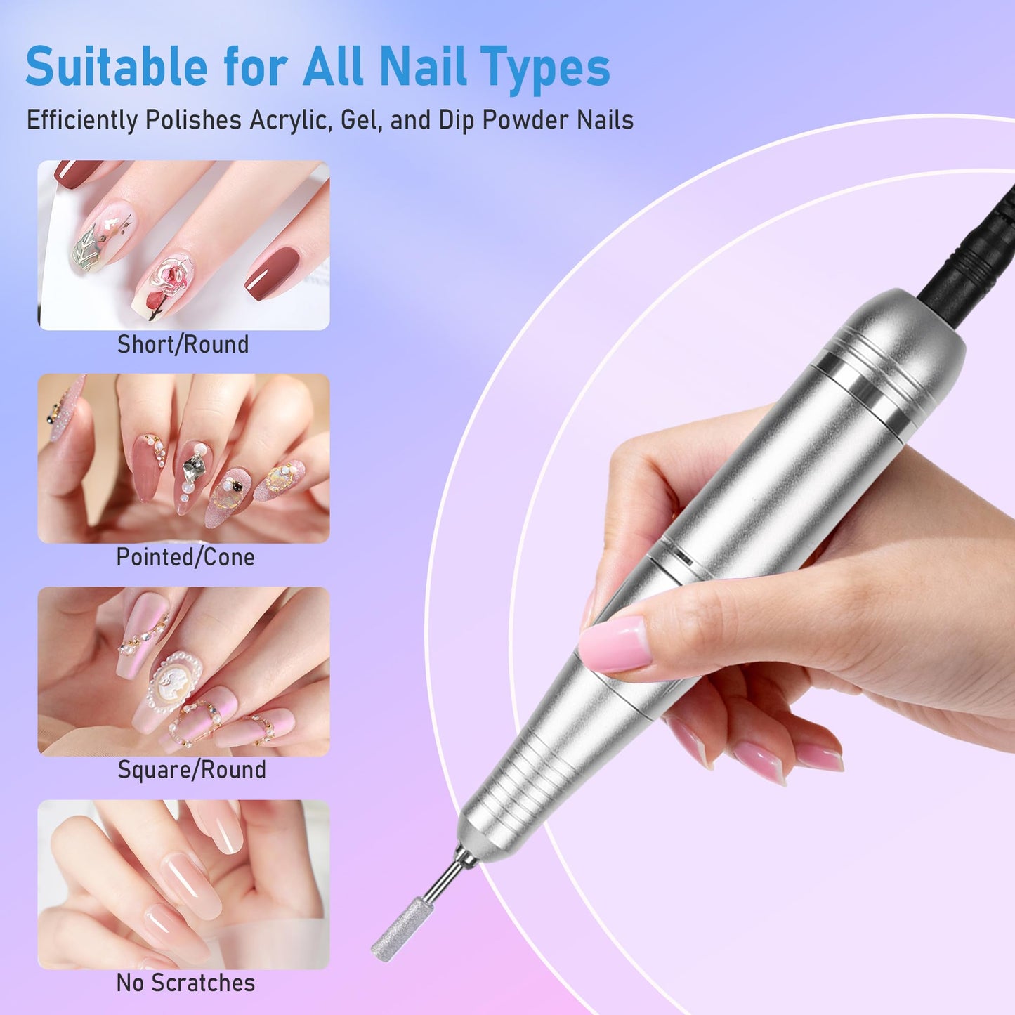 Rvggher Portable Electric Nail Drill Professional 45000 RPM, Rechargeable Electric Nail File Machine Kit for Acrylic Gel Nails Polishing Removing, Quiet E-File with Bits for Manicure Salon Home