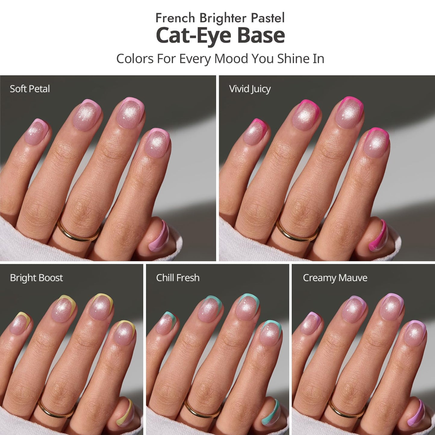 BTArtboxnails XCOATTIPS 5 Brighter Pastel French Tip Press on Nails - XXS Square, Cat Eye Base, 4-Week Wear, Easy-to-Apply, Soak Off, Salon Quality Value at Home, 16 Size - 160 Short Fake Nails