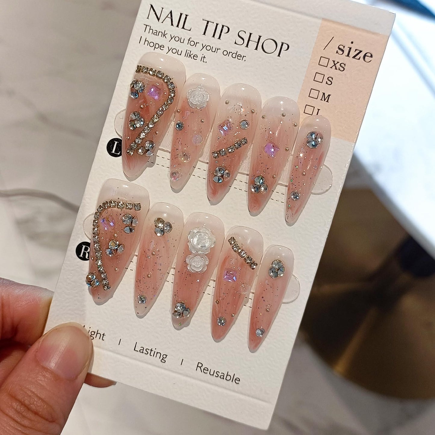 TENPAL Handmade Press on Nails Stiletto Rhinestones Pink Nails Press ons Ballet Acrylic Fake Nails With Diamond Camellia Designs 10pcs/Box Glue on Nails Long Y2k Sweet Cool Artificial Nails(S,Orange)