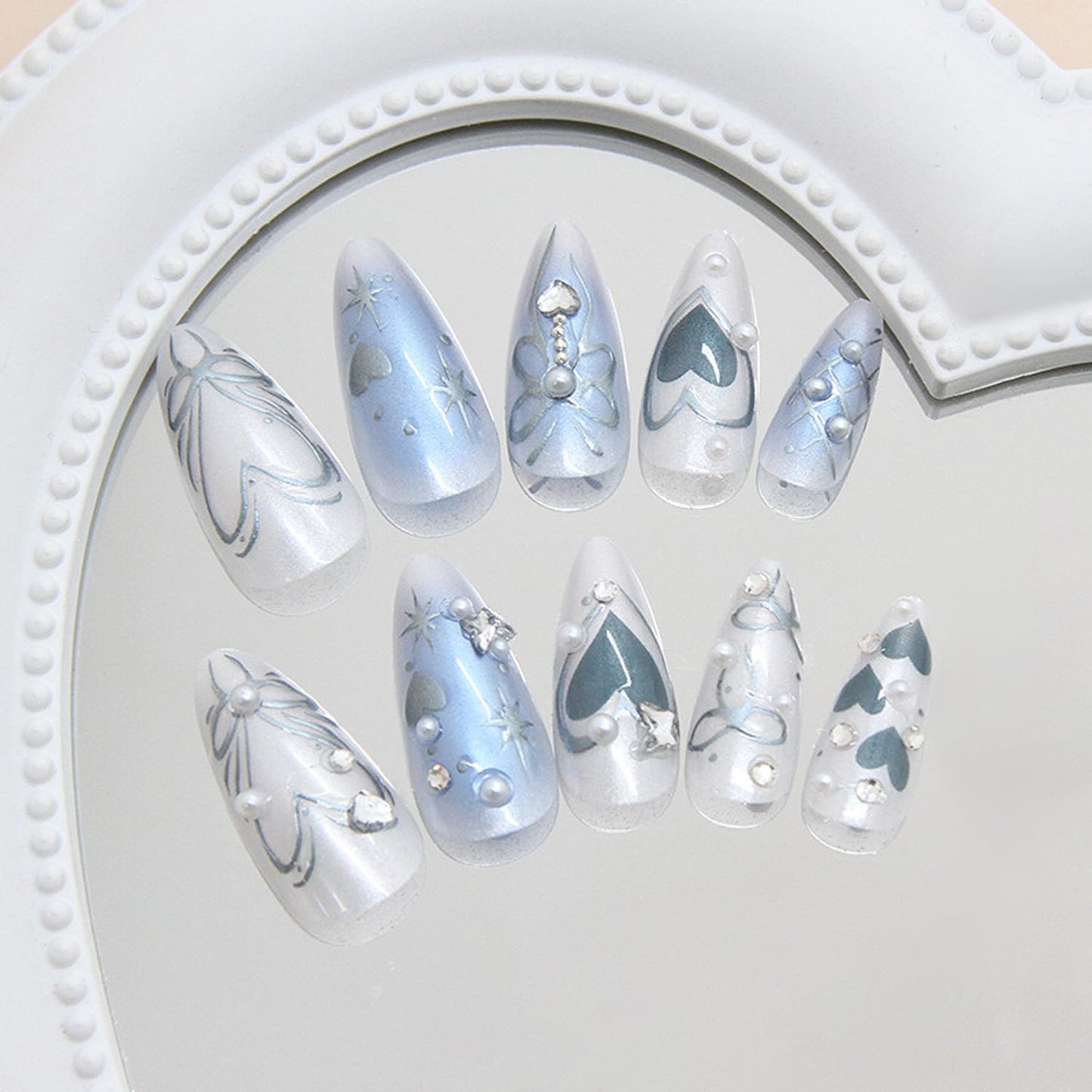 Blue Press on Nails Medium Almond Fake Nails with 3D Diamond Pearl Star Charms Acrylic Nails Press ons Cute Design Heart-shaped Press ons Gradient Bow Silver Star Stick on Nails for Women Daily Wear