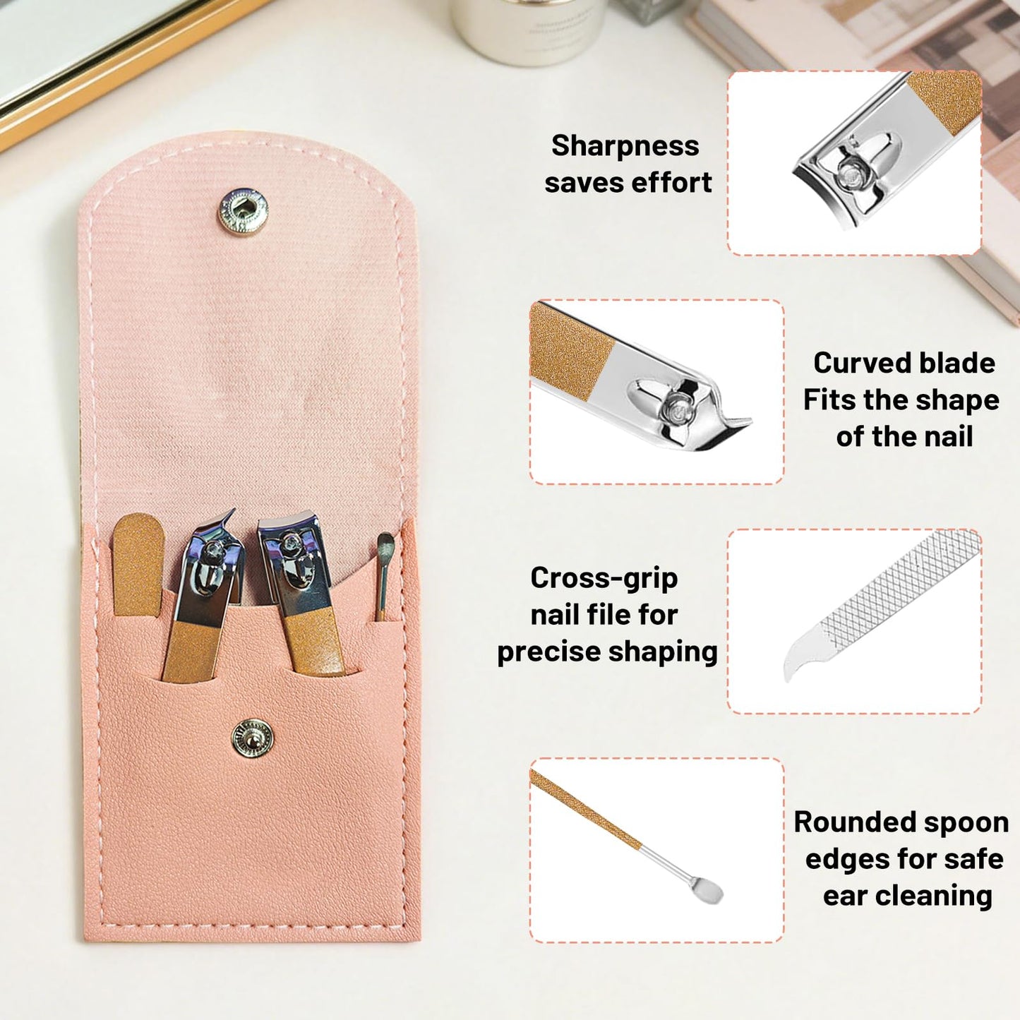 NYVEER 10-Piece Complete Nail Care Kit - Professional Manicure & Pedicure Set with Stainless Steel Tools, Portable Travel Nail Clipper Kit for Home Use, Travel & Gifts - Pink PU Leather Case
