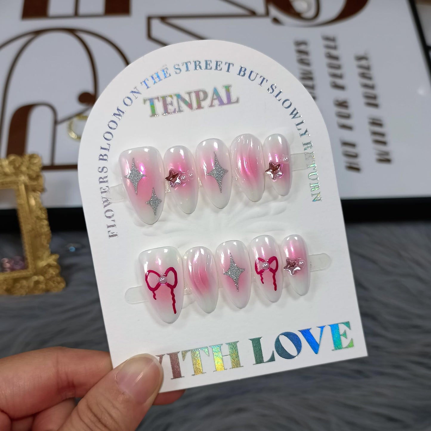 TENPAL Handmade Press On Nails Almond-Aurora Pink Acrylic Soft Gel Finished Reusable Fake Nails,Y2k Sweet Cool Glue On Nails With 3D Star Bow Charms 10pcs/Box Manicure Kit Sets (L)