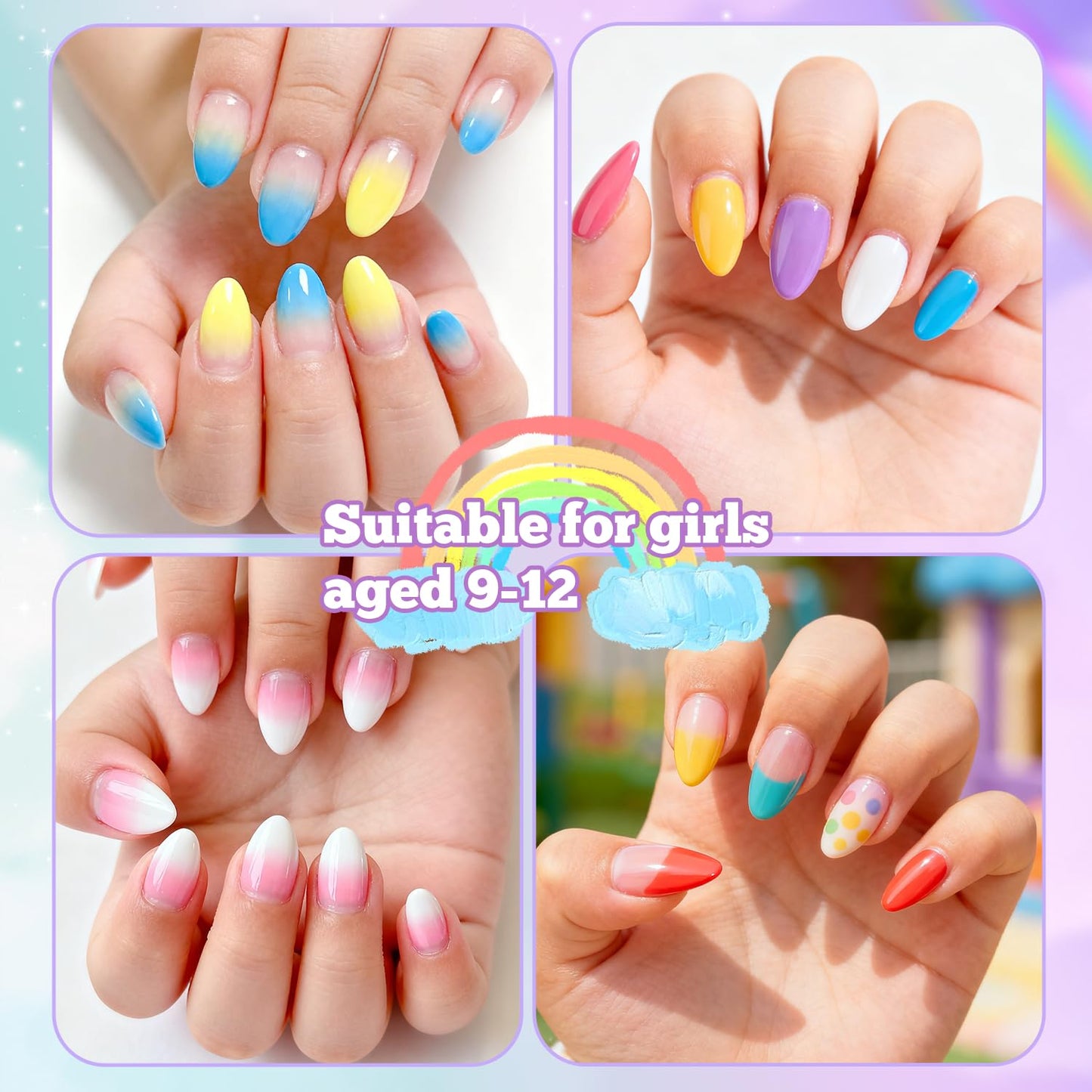 Krofaue Kids Nail Art Bundle, 40g Solid UV Curing Nail Glue Gel + 240PCS Extra Short Almond Soft Gel Nail Tips, 12 Sizes Full Well Clear Fake Nails Manicure Kit for 9-12 Years Old Girls, Home DIY