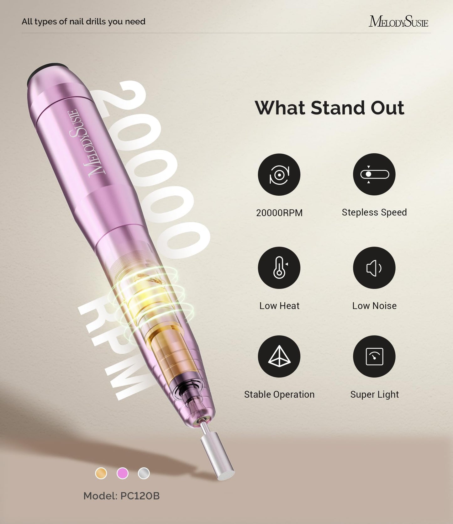 MelodySusie Pen-Shaped Portable Nail Drill with 3D Nail Charms and Gems