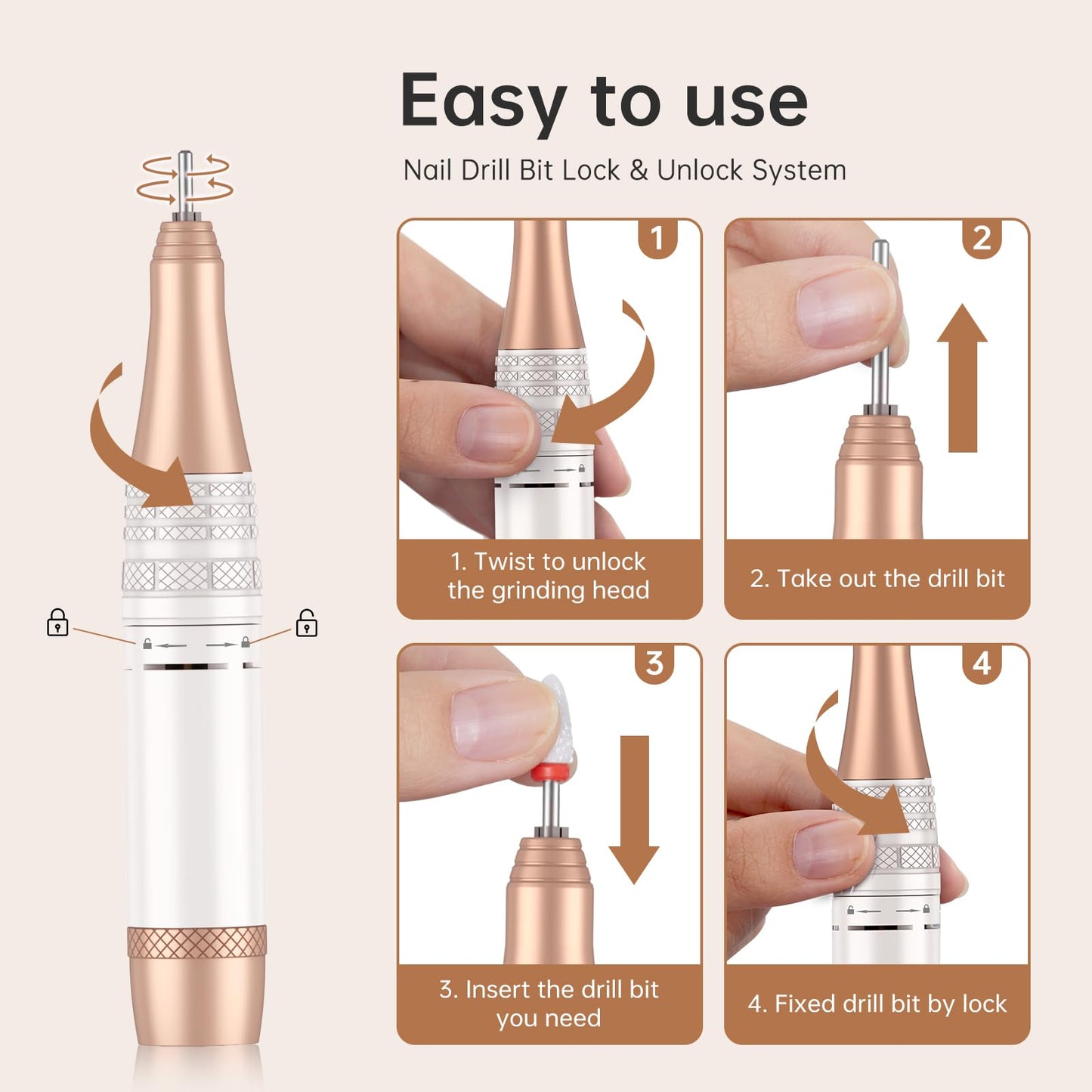 CHRISTINE SHELLY Rechargeable 40000RPM Nail Drill Sparkling Portable Professional Electric Nail File with 12 Drill Bits for Manicure Salon & Home, Glitter (AB Diamond)